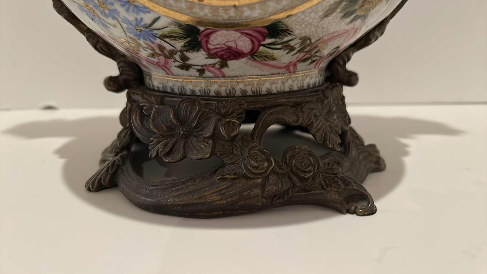 Photo 4 of ORNATE PORCELAIN VASE WITH SCULPTURED METAL BASE AND ACCENTS