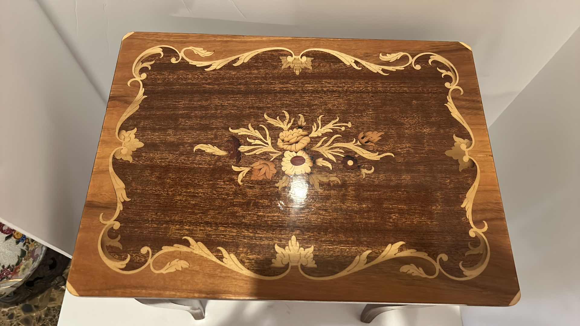 Photo 4 of VINTAGE ITALIAN WOOD INLAID MUSIC BOX TABLE 15” x 11” x H17”