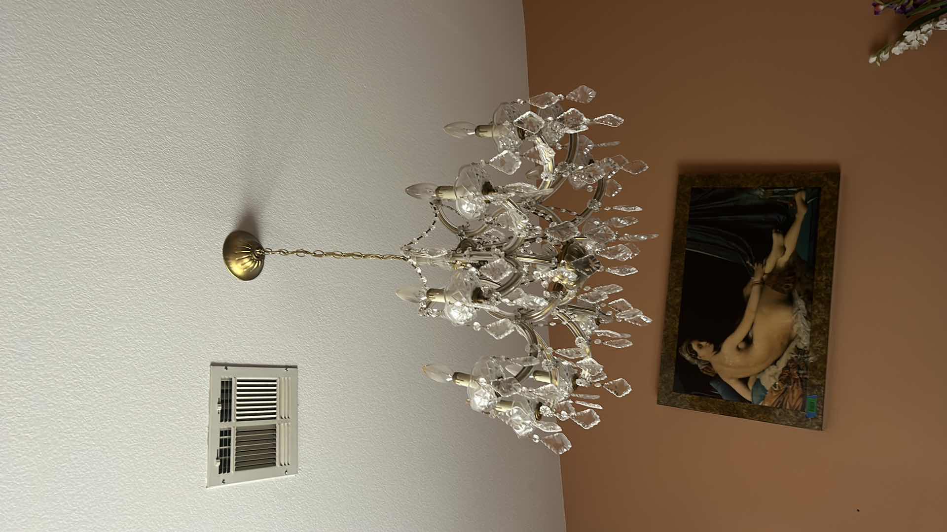 Photo 3 of VINTAGE CRYSTAL CHANDELIER W EXTRA CRYSTALS 28” x 21” (MEASUREMENT WITHOUT CHAIN)