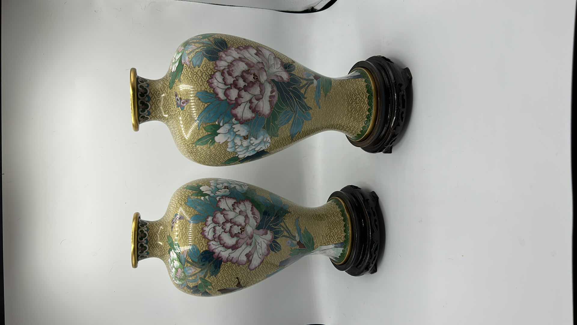 Photo 6 of TWO METAL AND ENAMEL ASIAN STYLE VASES ON WOOD STANDS H14”