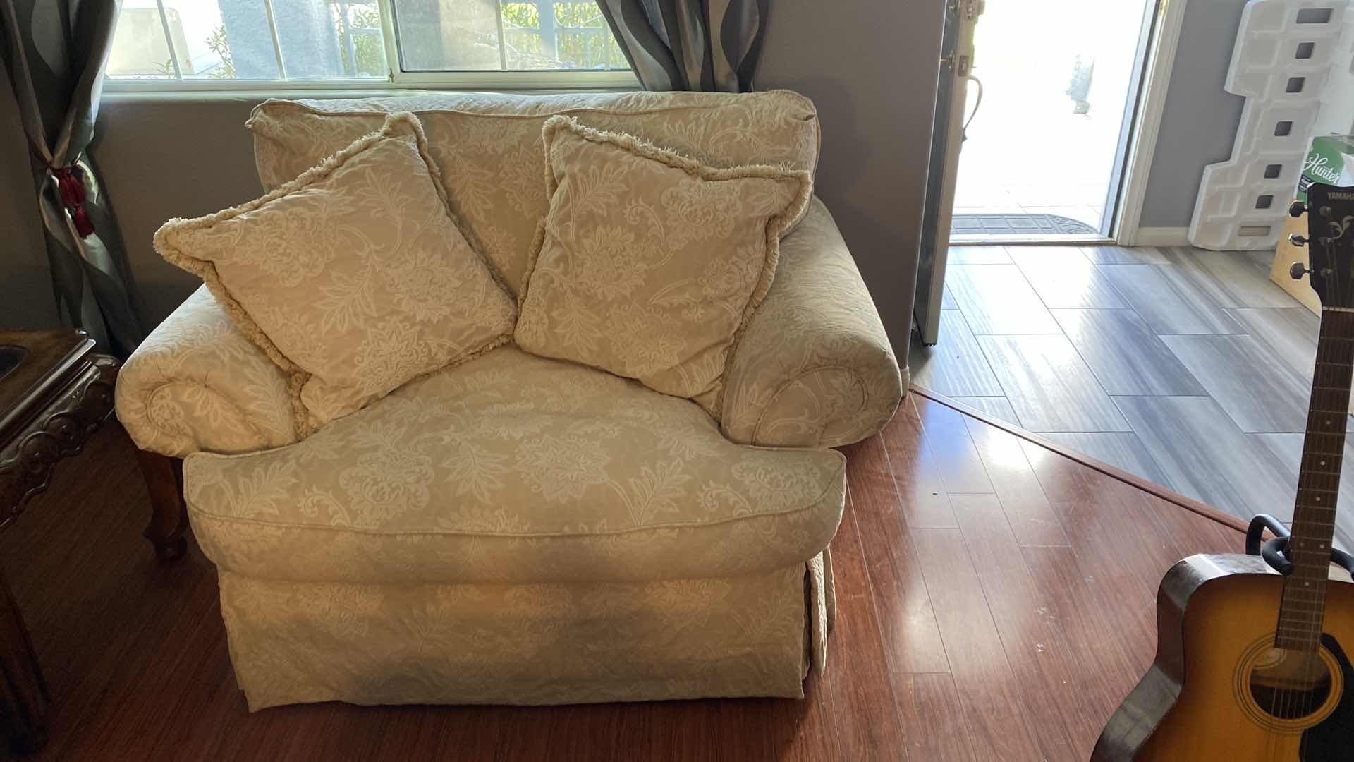 Photo 2 of 56” CREAM BROCADE UPHOLSTERY DOWN SOFA