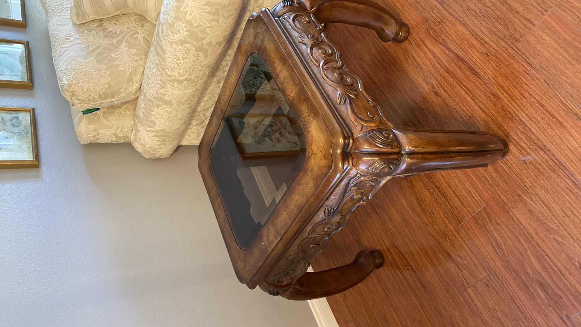 Photo 4 of SOLID ORNATE WOOD END TABLE WITH BEVELED GLASS 24” X 28” H24”