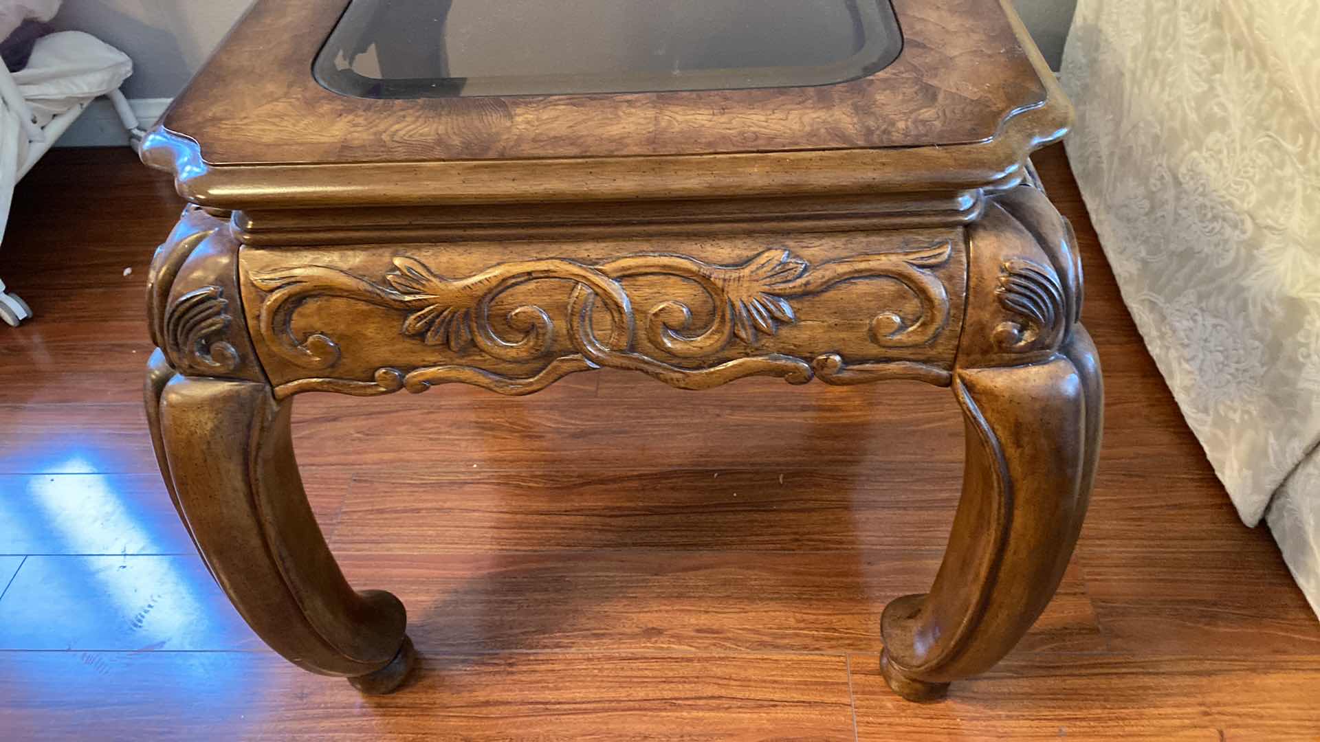 Photo 3 of SOLID ORNATE WOOD END TABLE WITH BEVELED GLASS 24” X 28” H24”