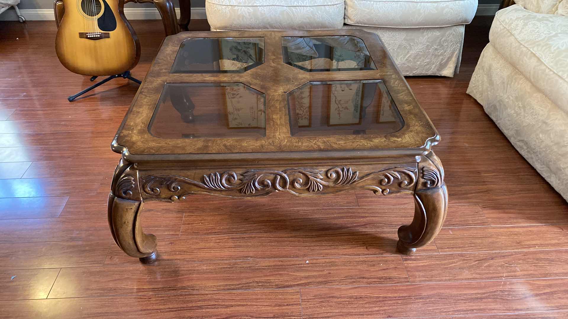Photo 2 of SOLID ORNATE WOOD END TABLE WITH BEVELED GLASS 40” X 40” H19.5”