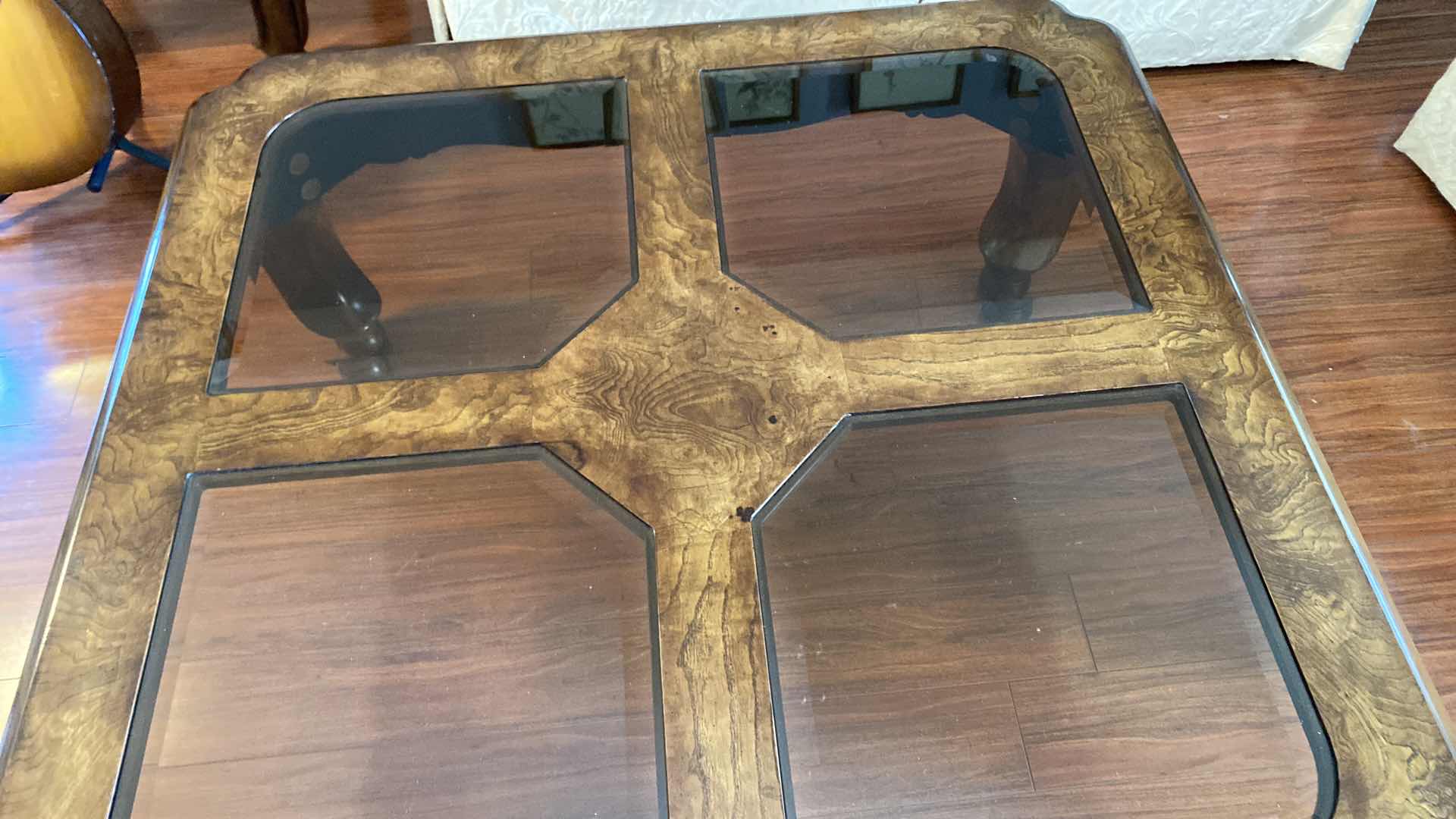 Photo 4 of SOLID ORNATE WOOD END TABLE WITH BEVELED GLASS 40” X 40” H19.5”