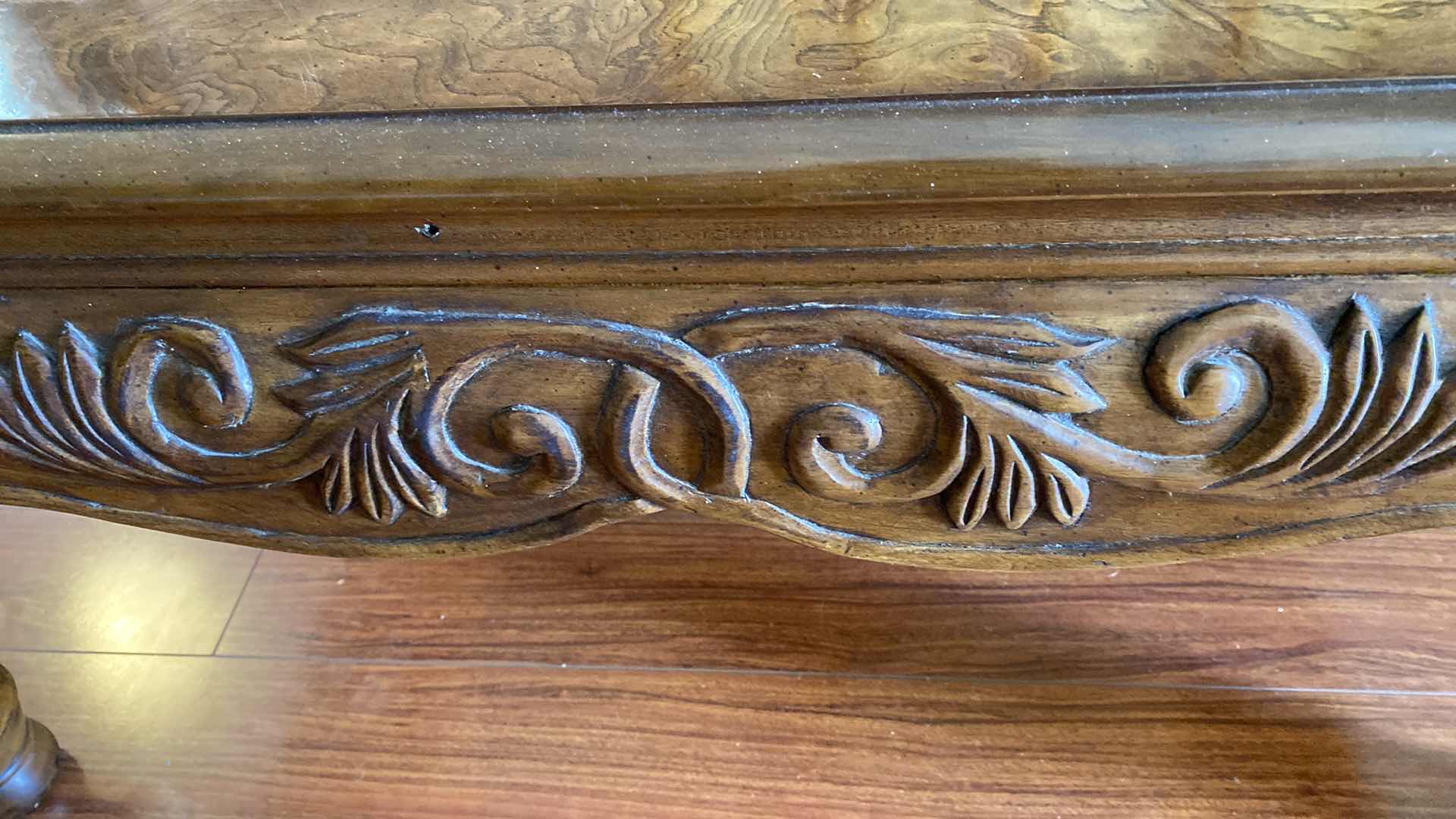 Photo 3 of SOLID ORNATE WOOD END TABLE WITH BEVELED GLASS 40” X 40” H19.5”