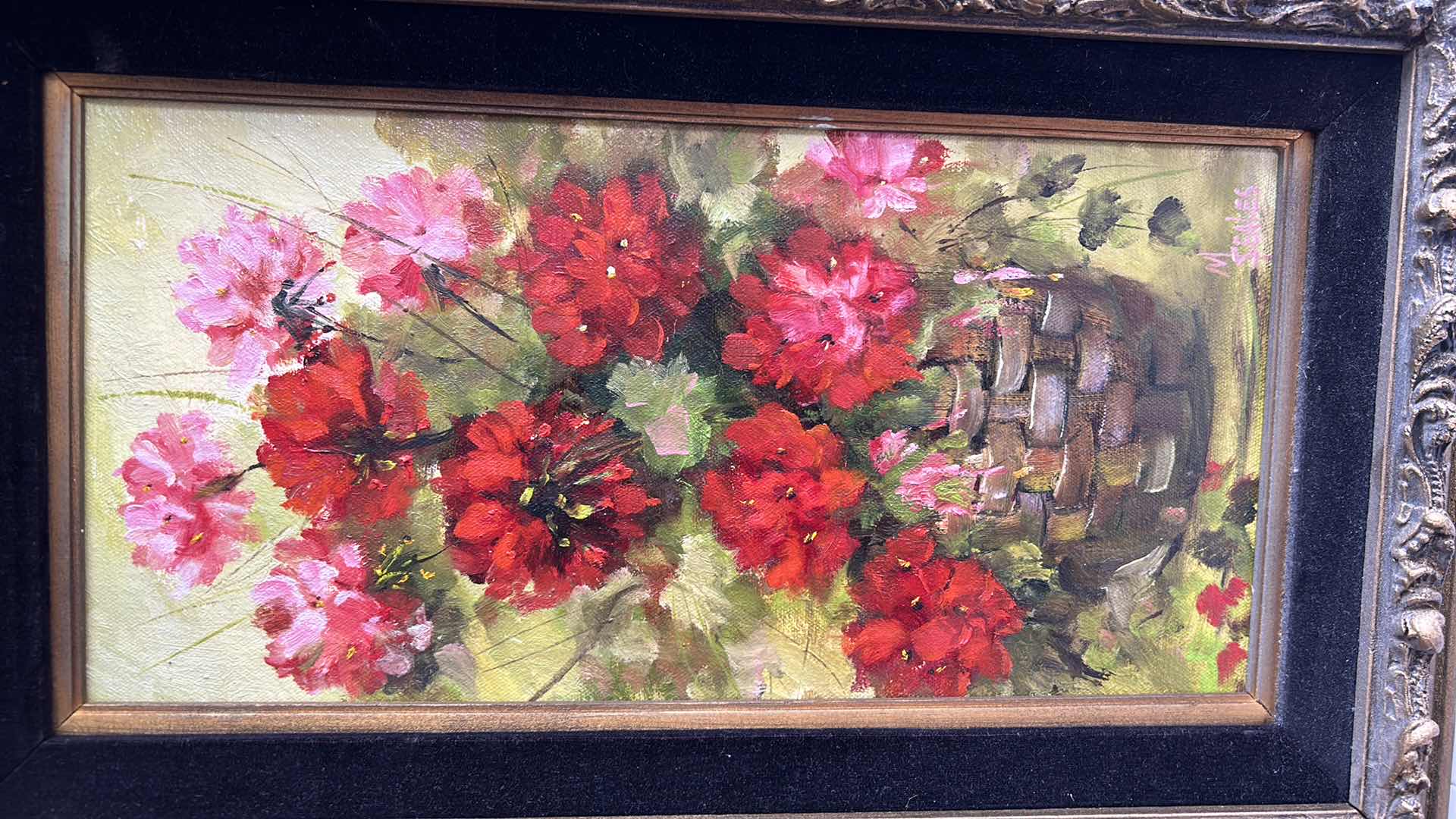 Photo 2 of ORNATE GOLD FRAMED OIL PAINTING “FLOWERS” SIGNED ARTWORK 14”x 22”