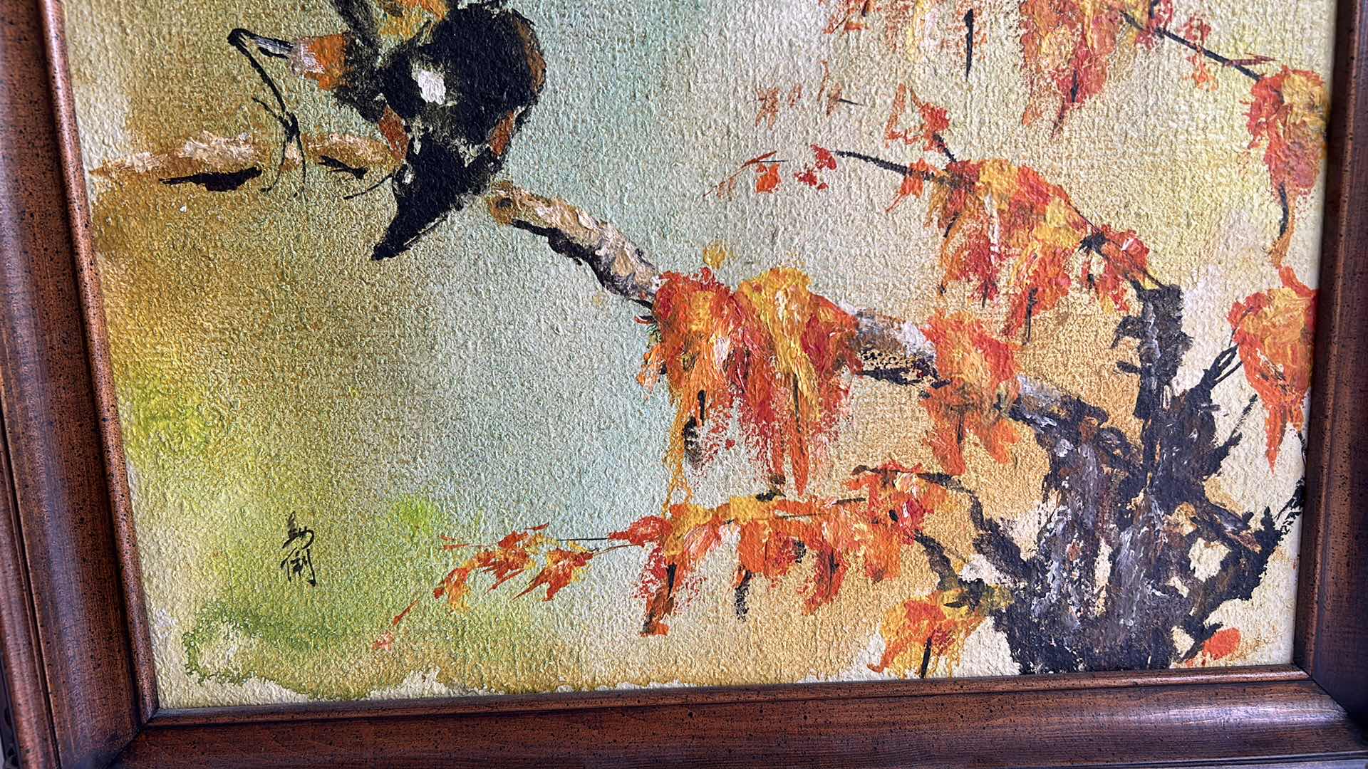 Photo 3 of ORNATE WOOD FRAMED ORIGINAL PAINTING  ON CANVAS “BIRD ON BRANCH” SIGNED ARTWORK 25” x 21.5”