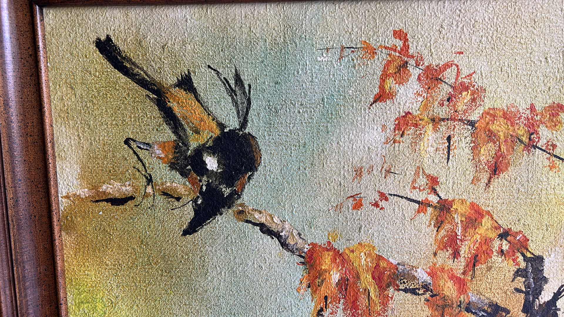 Photo 2 of ORNATE WOOD FRAMED ORIGINAL PAINTING  ON CANVAS “BIRD ON BRANCH” SIGNED ARTWORK 25” x 21.5”