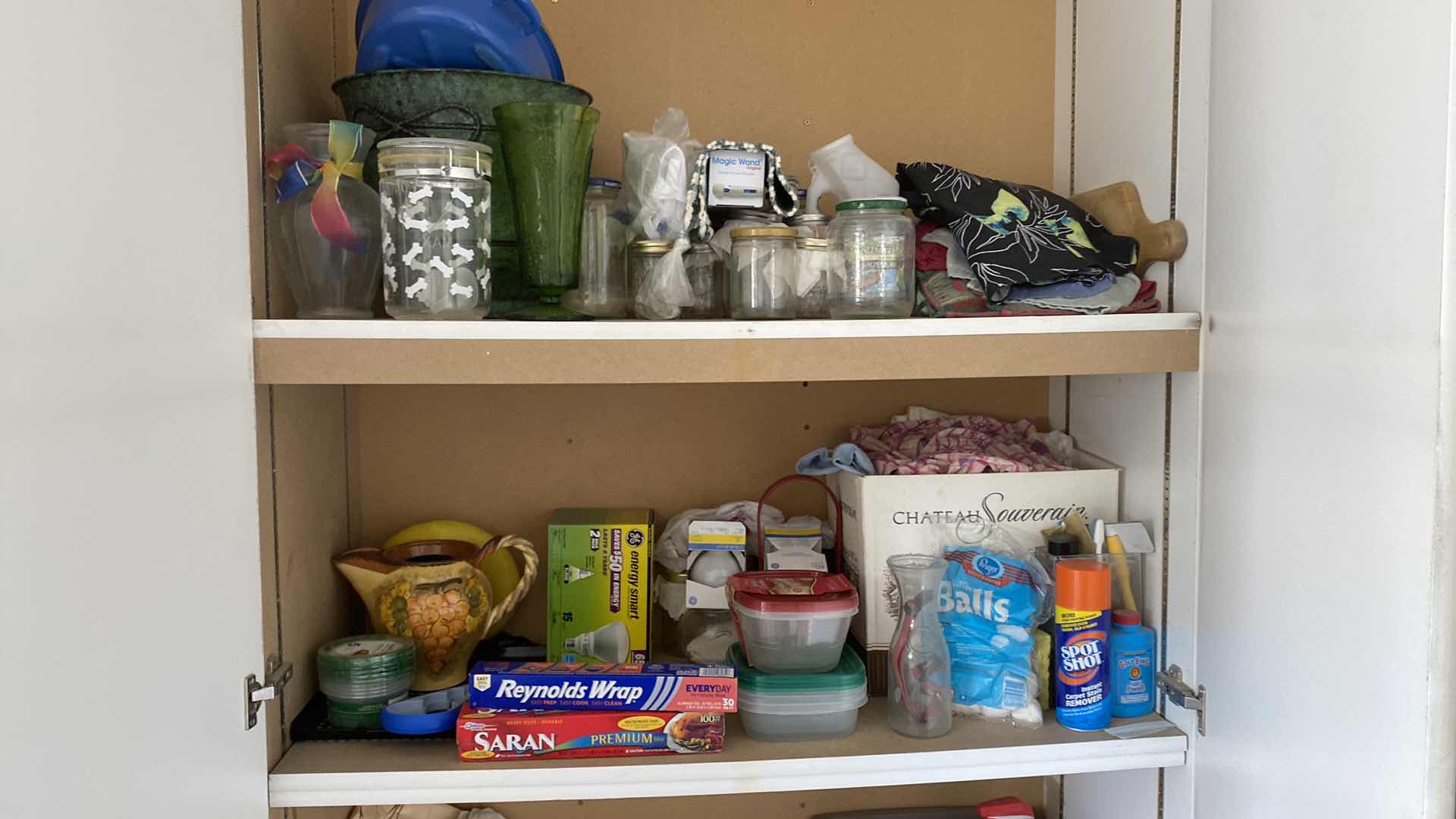 Photo 5 of 2 SHELFS OF GARAGE CABINET JARS RAGS KITCHEN AND HOUSEHOLD ITEMS