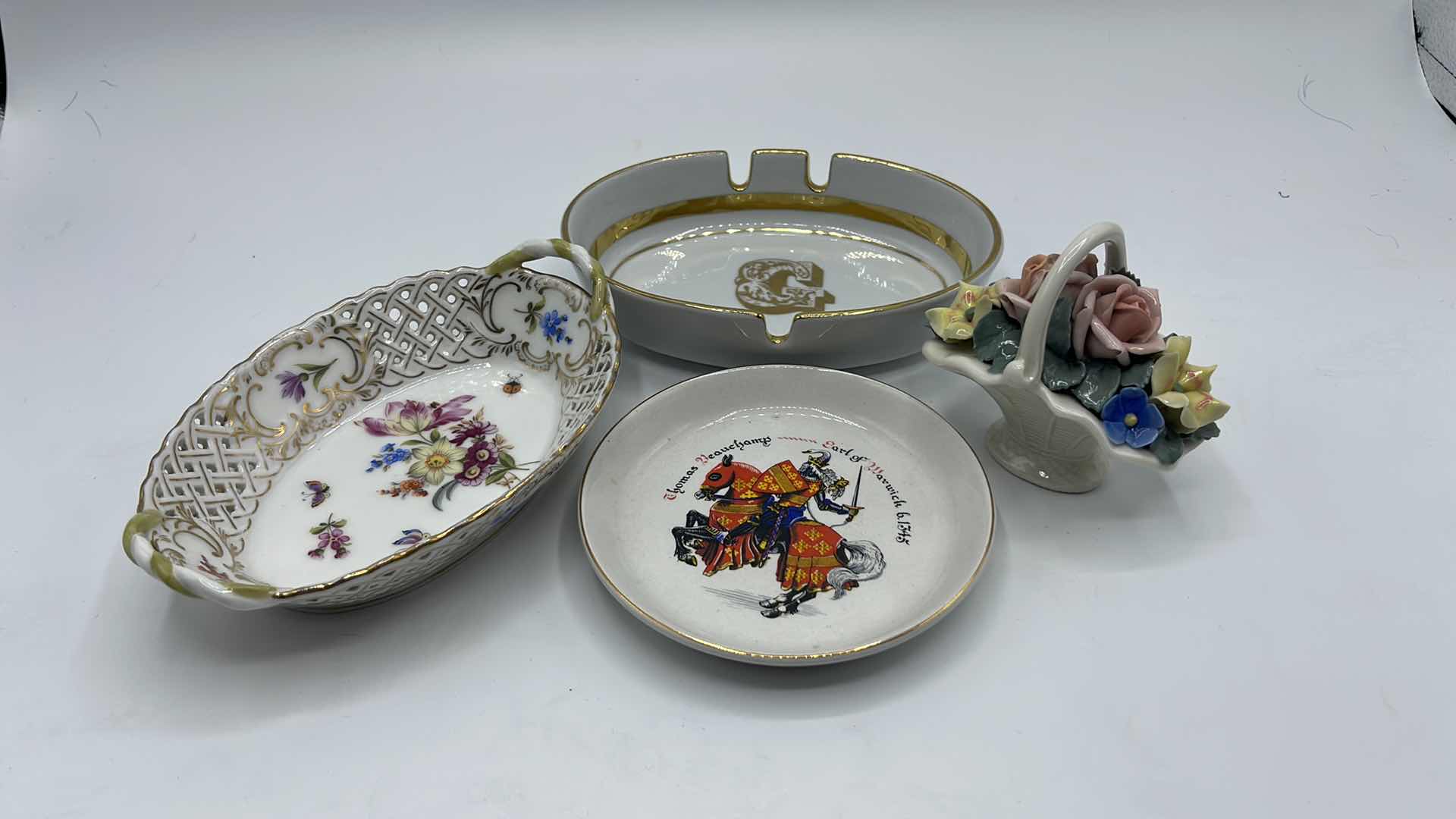 Photo 10 of PORCELAIN TRINKET DISHES (3) W/FLOWER BASKET FIGURINE