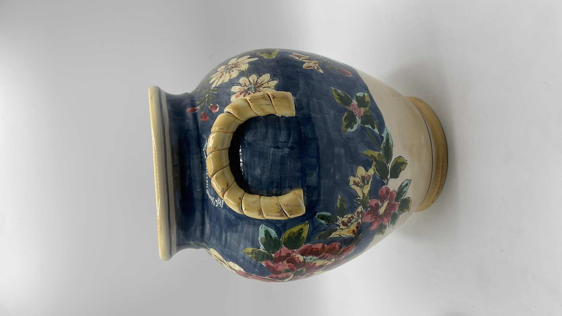 Photo 3 of ANTIQUE HAND PAINTED CERAMIC JAR W/LID H 12”