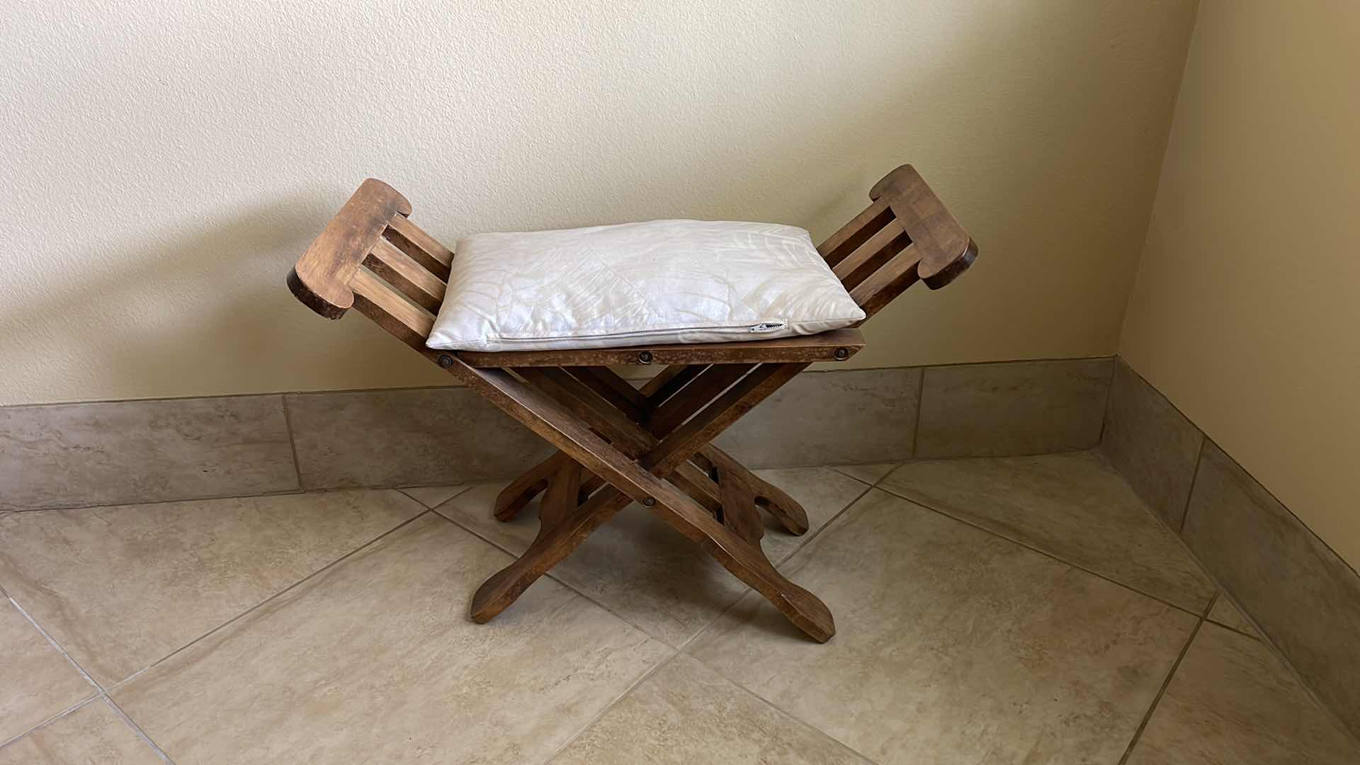 Photo 5 of WOODEN FOLDING CHAIR W/CUSHION MADE IN MEXICO 27” X 13” H 20”