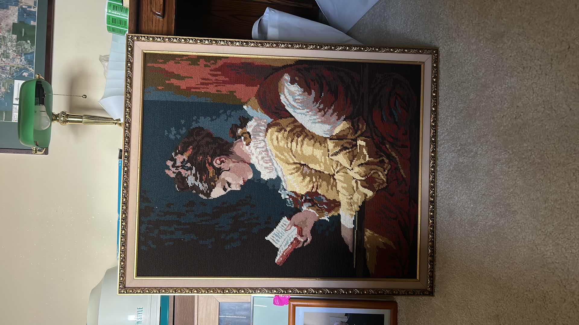 Photo 2 of GOLD FRAMED NEEDLEPOINT “VICTORIAN WOMAN READING BOOK” ARTWORK 24” x 30”