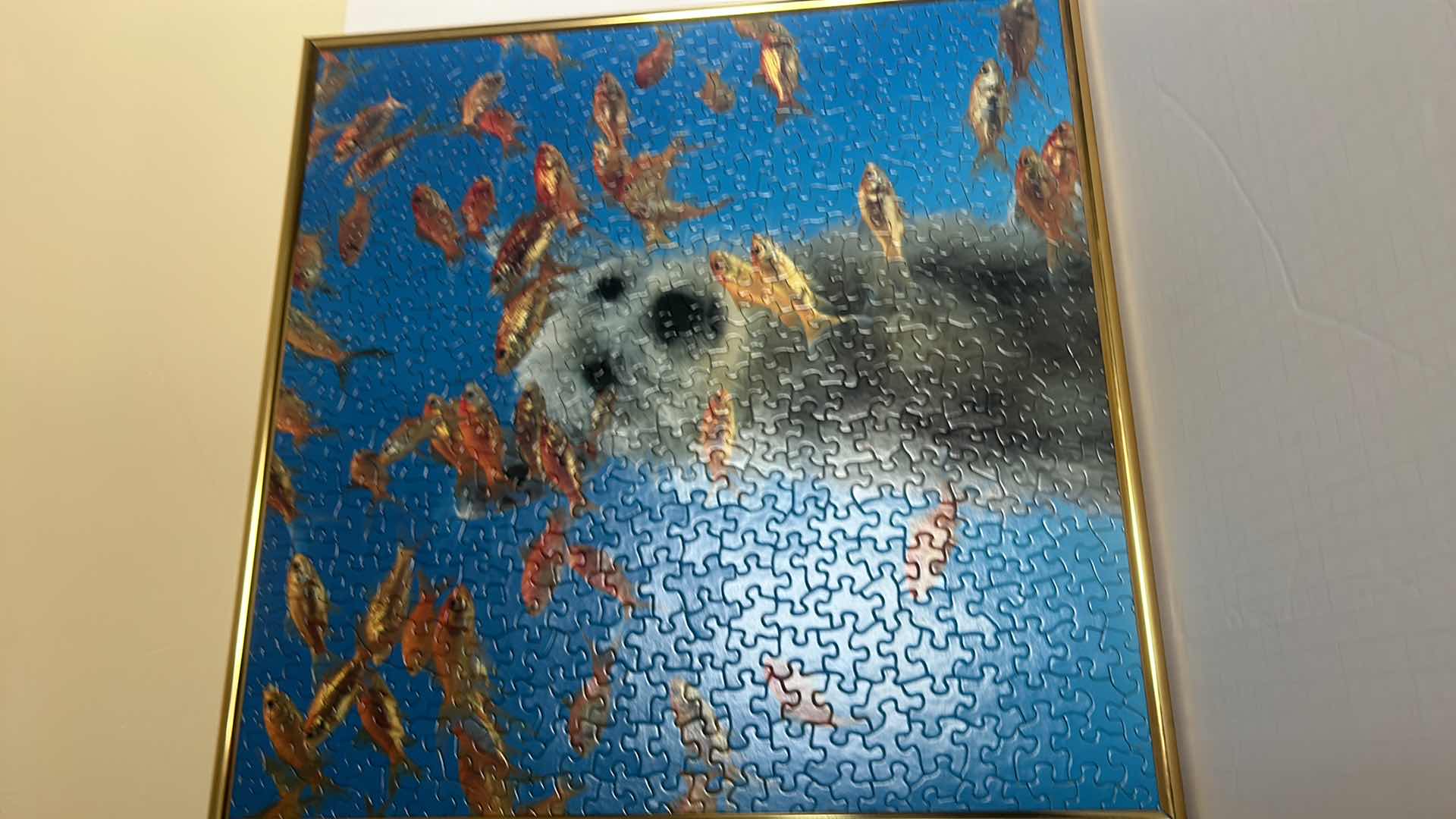 Photo 2 of GOLD FRAMED PUZZLE “DOG WITH GOLDFISH” ARTWORK 20.5” x 20.5”