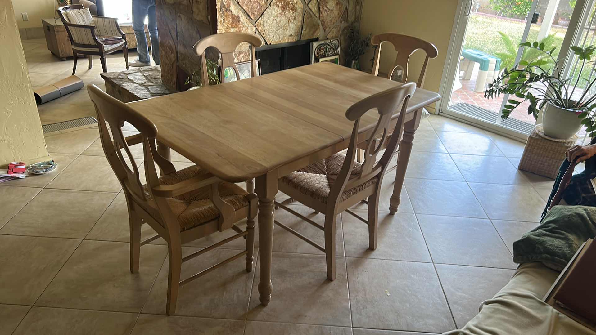 Photo 3 of LIGHT WOOD TONED TABLE AND FOUR CHAIRS WITH RUCHED SEATS EXPANDS TO 5’ (3’ x 5’)