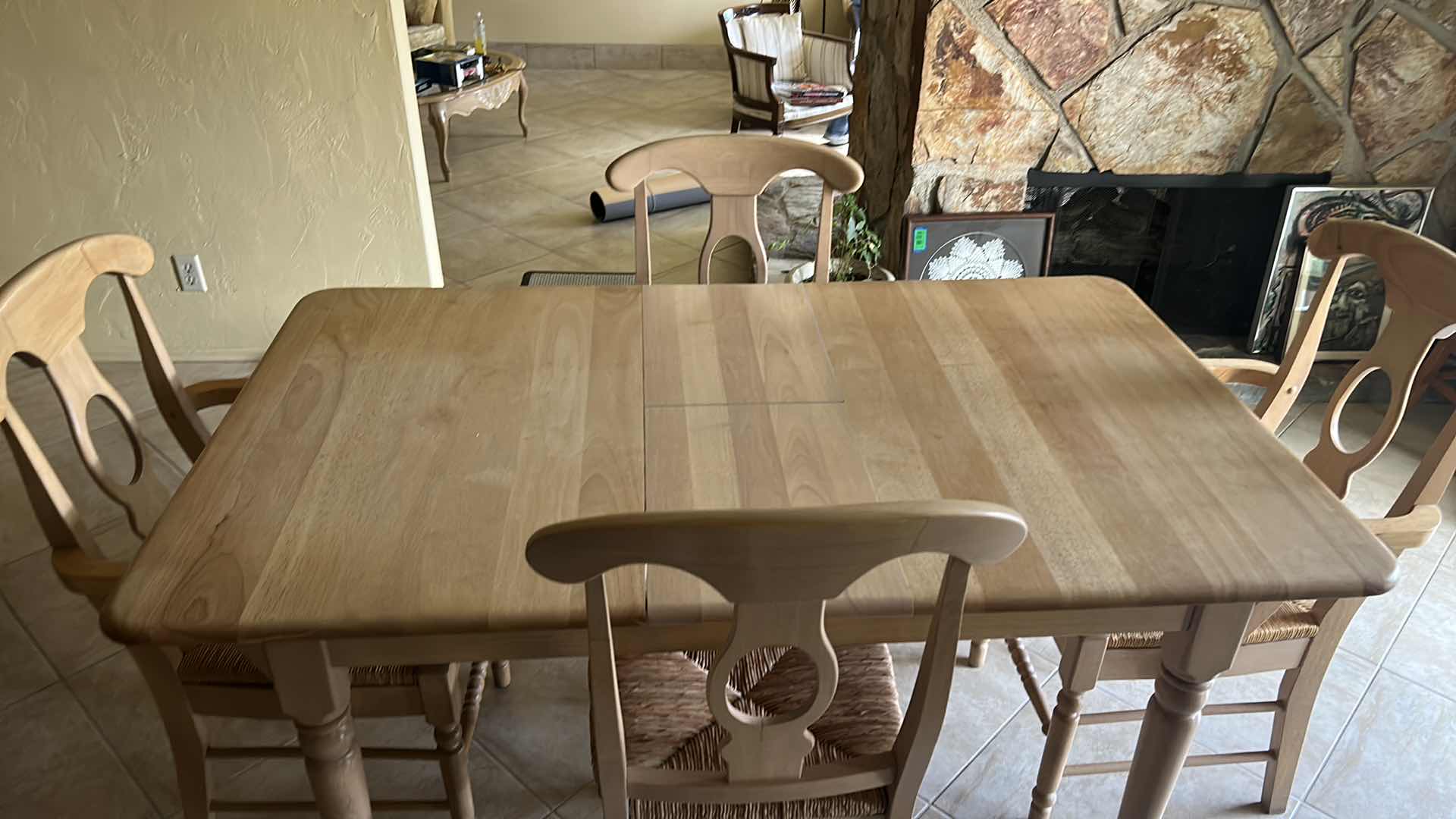 Photo 8 of LIGHT WOOD TONED TABLE AND FOUR CHAIRS WITH RUCHED SEATS EXPANDS TO 5’ (3’ x 5’)