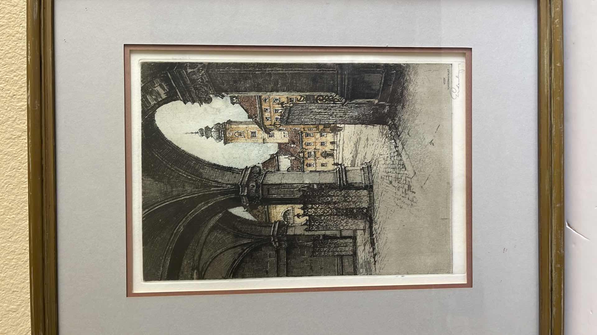 Photo 2 of ARTIST SIGNED JOSEF EIDENBERGER “WIEN SCHOTTENKIRCHE” COLORED PENCIL ETCHING IN FRAME 16” X 20”