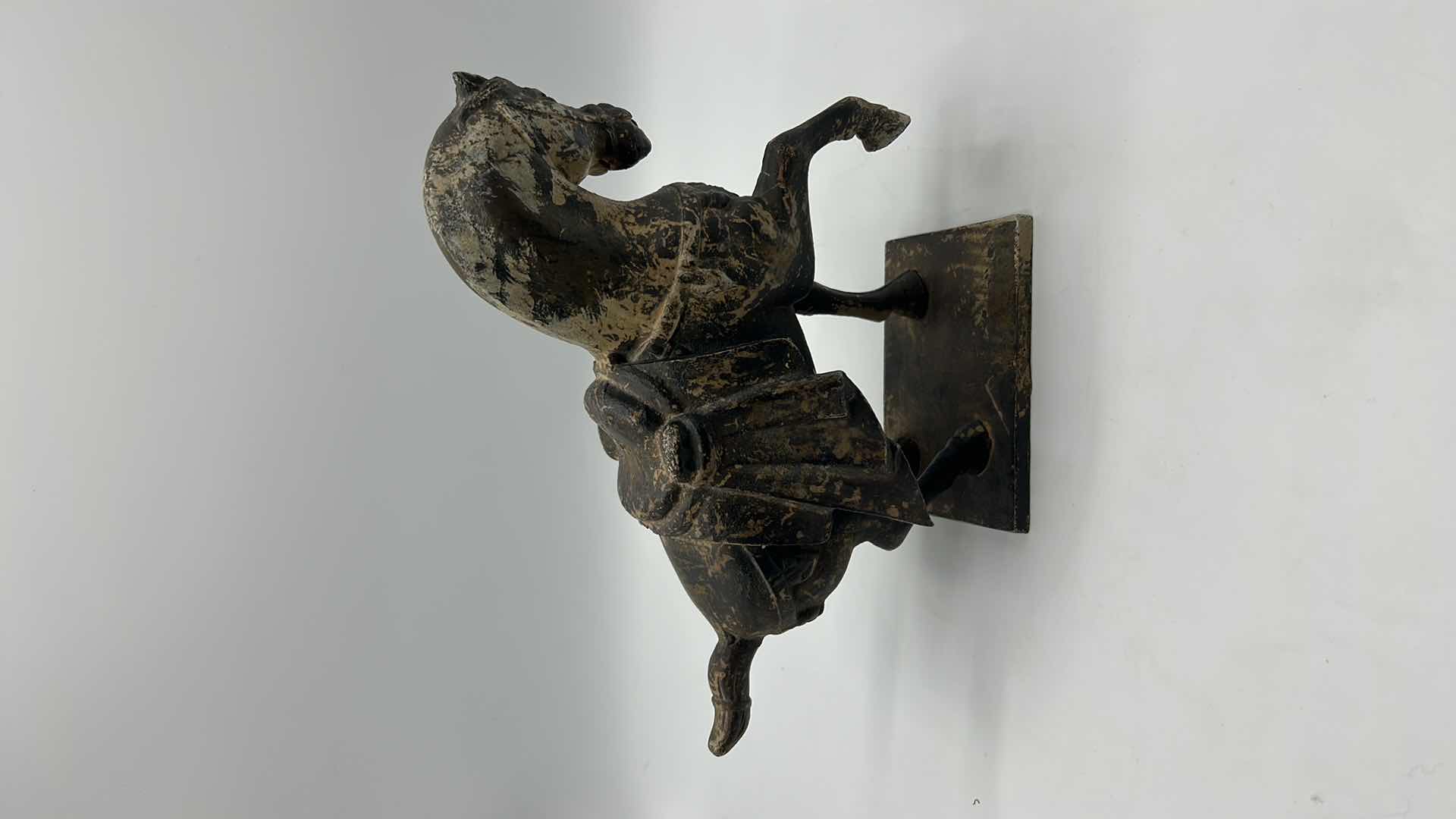 Photo 3 of VINTAGE CAST IRON TANG DYNASTY WAR HORSE STATUE 9” x 8”