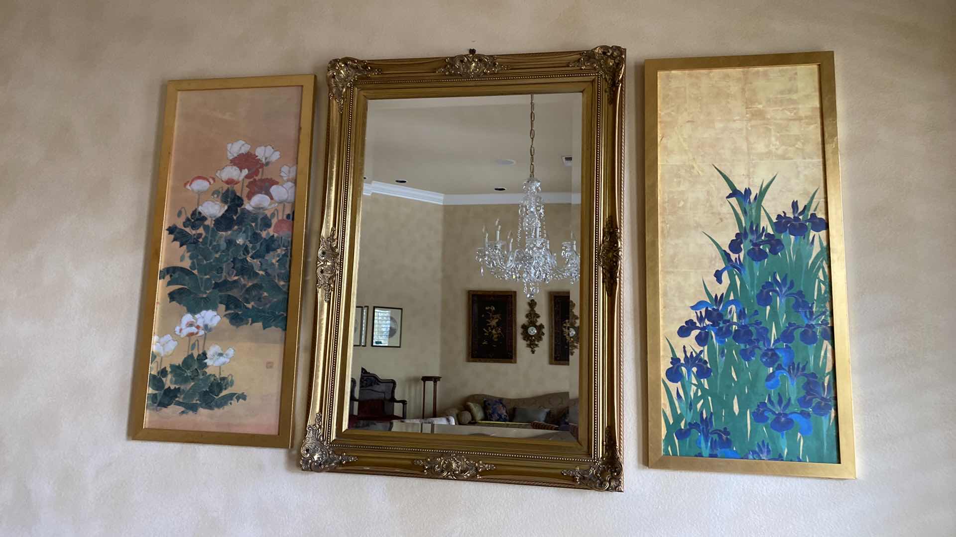 Photo 8 of ORNATE GOLD MIRROR 32” X 44” AND 2  GOLD FRAMED FLORAL ARTWORKS 18” X 41” EACH