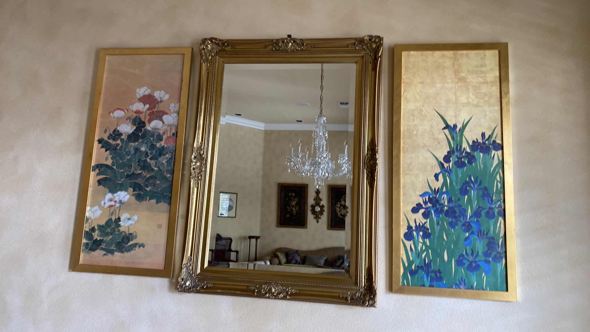 Photo 2 of ORNATE GOLD MIRROR 32” X 44” AND 2  GOLD FRAMED FLORAL ARTWORKS 18” X 41” EACH