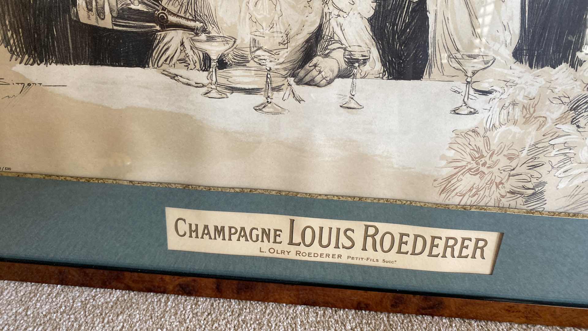 Photo 3 of WOOD FRAMED CHAMPAGNE LOUIS ROEDERER SIGNED SIMONT 030/500 ARTWORK 29” X 22”