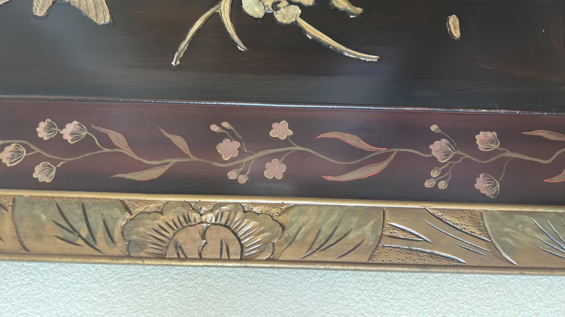 Photo 3 of JAPANESE LACQUER AND SHIBAYAMA ON WOOD WITH PAINTED FLOWERS 27.5” x 40”