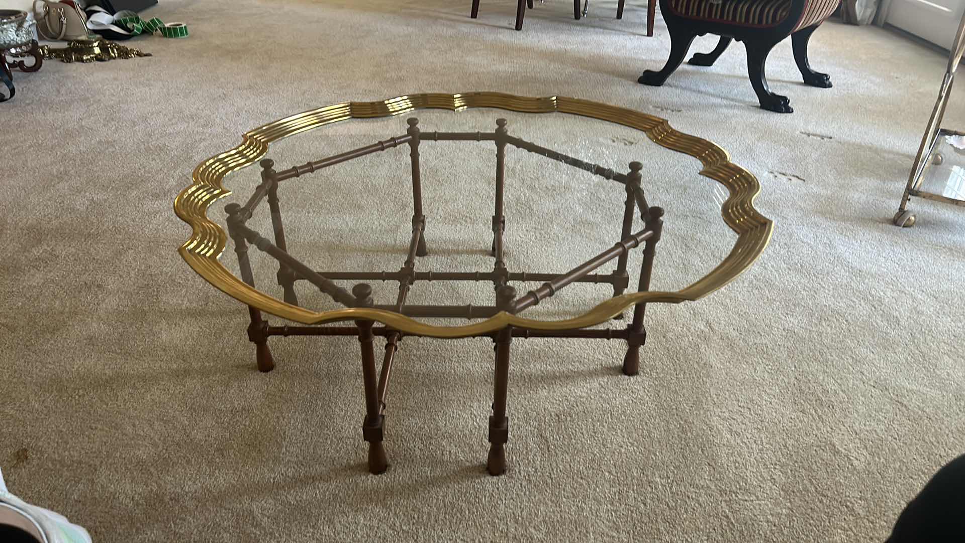 Photo 2 of UNIQUE SCALLOPED ROUND COFFEE TABLE WITH GOLD TRIM ON WOOD STAND 43” x 16”