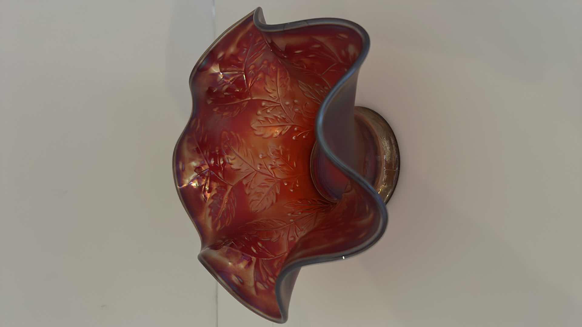 Photo 3 of CRANBERRY CARNIVAL GLASS SCALLOPED BOWL 6” x 3.5”