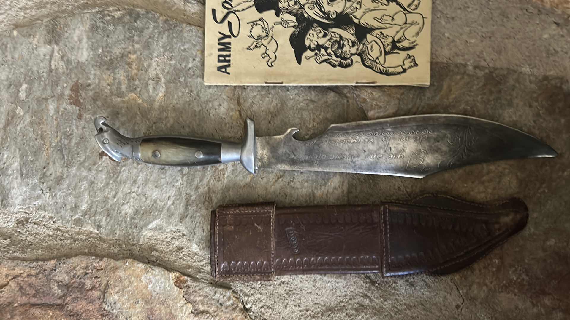 Photo 7 of VINTAGE ARMY SONG BOOK AND KNIFE W LEATHER SHEATH