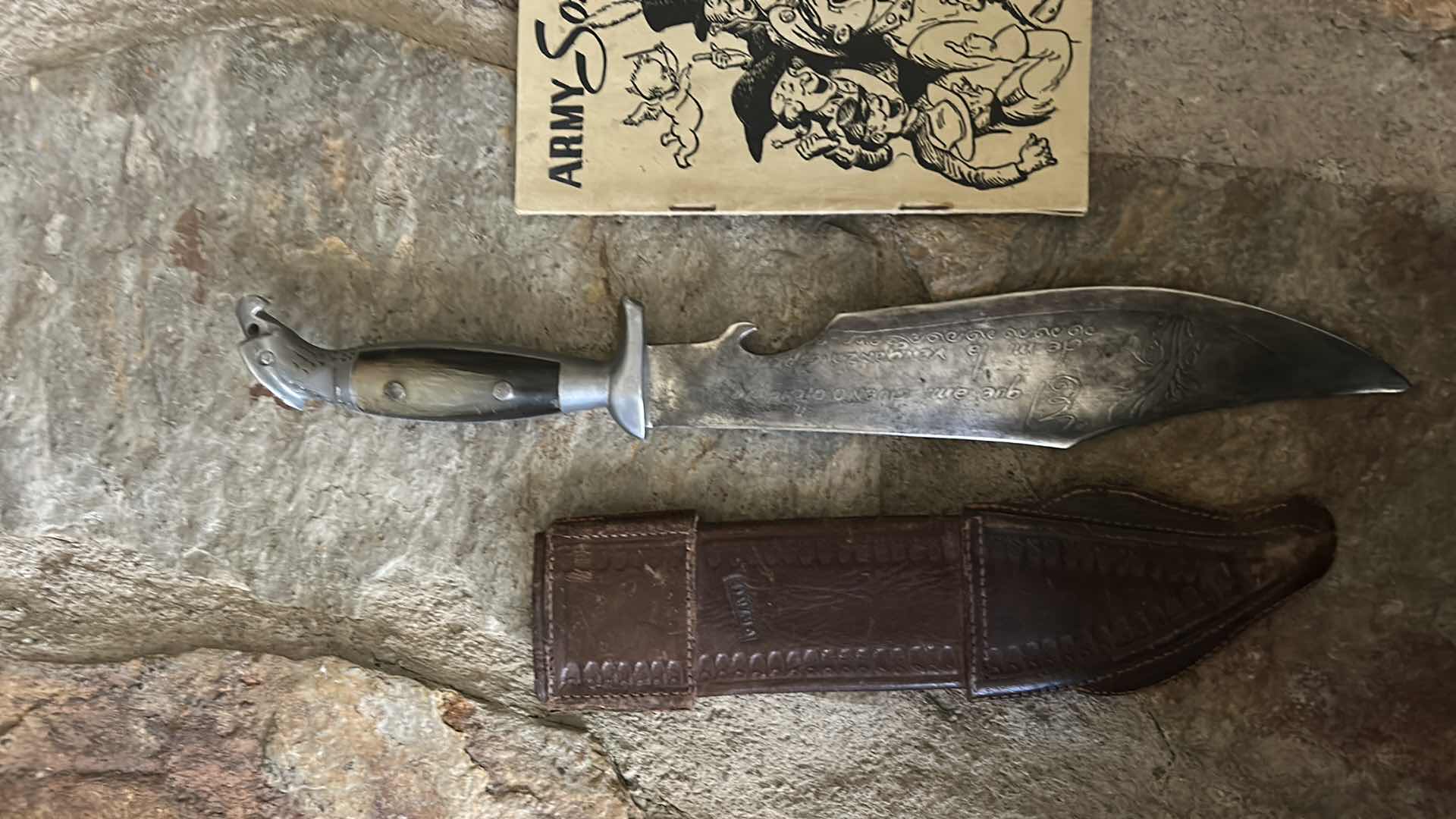 Photo 6 of VINTAGE ARMY SONG BOOK AND KNIFE W LEATHER SHEATH
