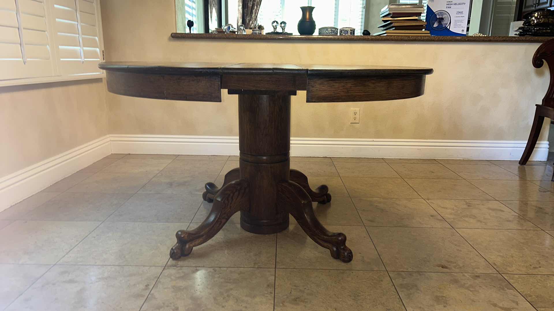 Photo 2 of ANTIQUE DOVE TAILED-WOOD PEDESTAL TABLE 42” x 51” x H 28.5”