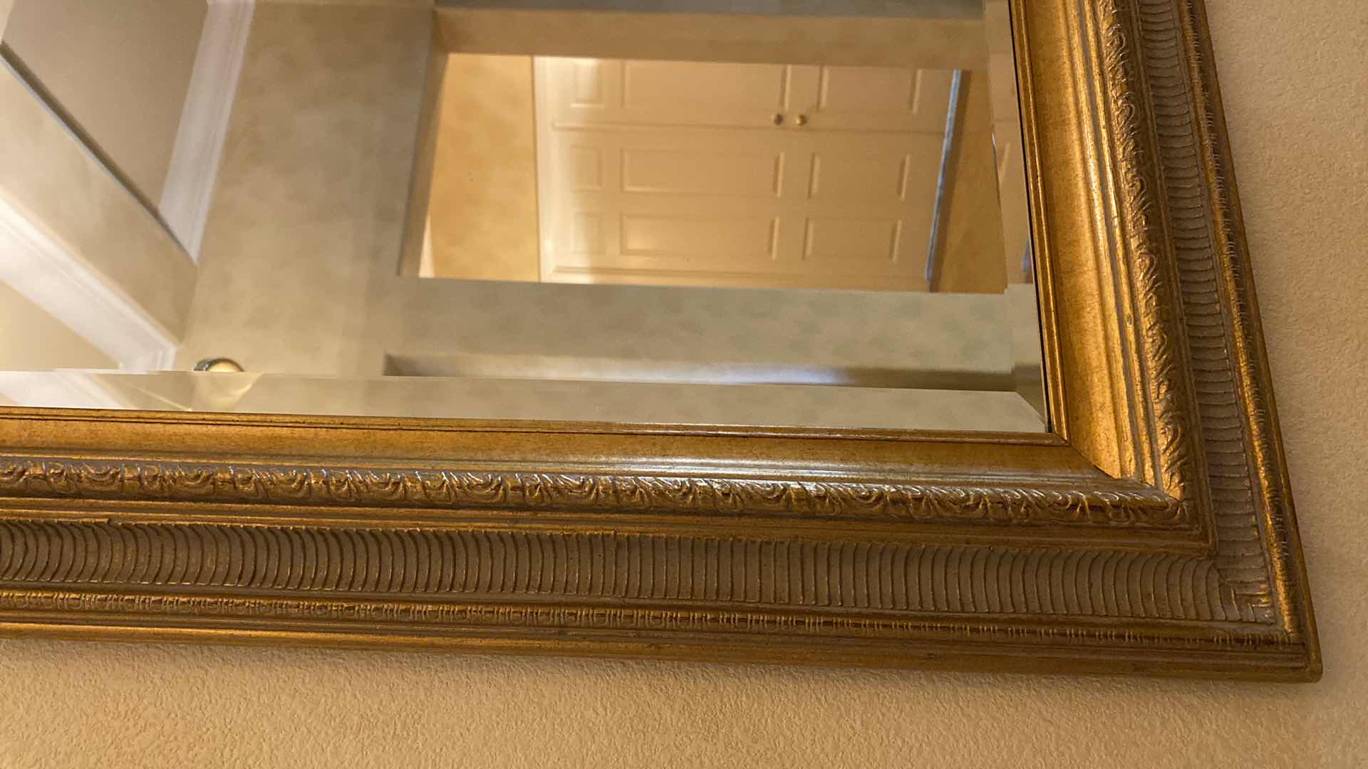 Photo 3 of ORNATE GOLD FRAMED BEVELED GLASS WALL MIRROR 44” X 32”