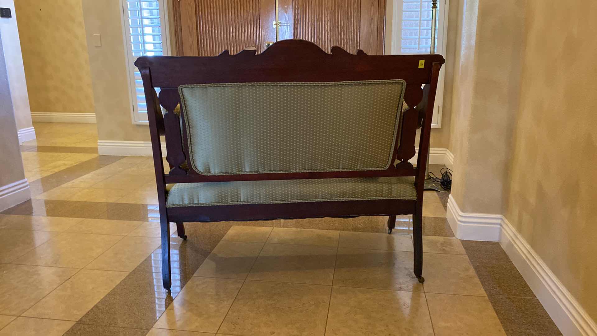 Photo 6 of ANTIQUE CARVED WOOD WITH TUFTED BACK GREEN AND GOLD UPHOLSTERY BENCH ON WHEELS 50” X 23” H40”