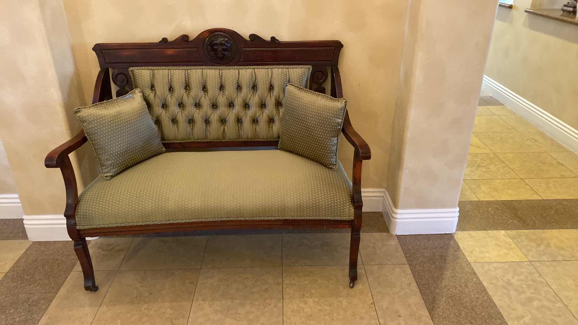 Photo 2 of ANTIQUE CARVED WOOD WITH TUFTED BACK GREEN AND GOLD UPHOLSTERY BENCH ON WHEELS 50” X 23” H40”