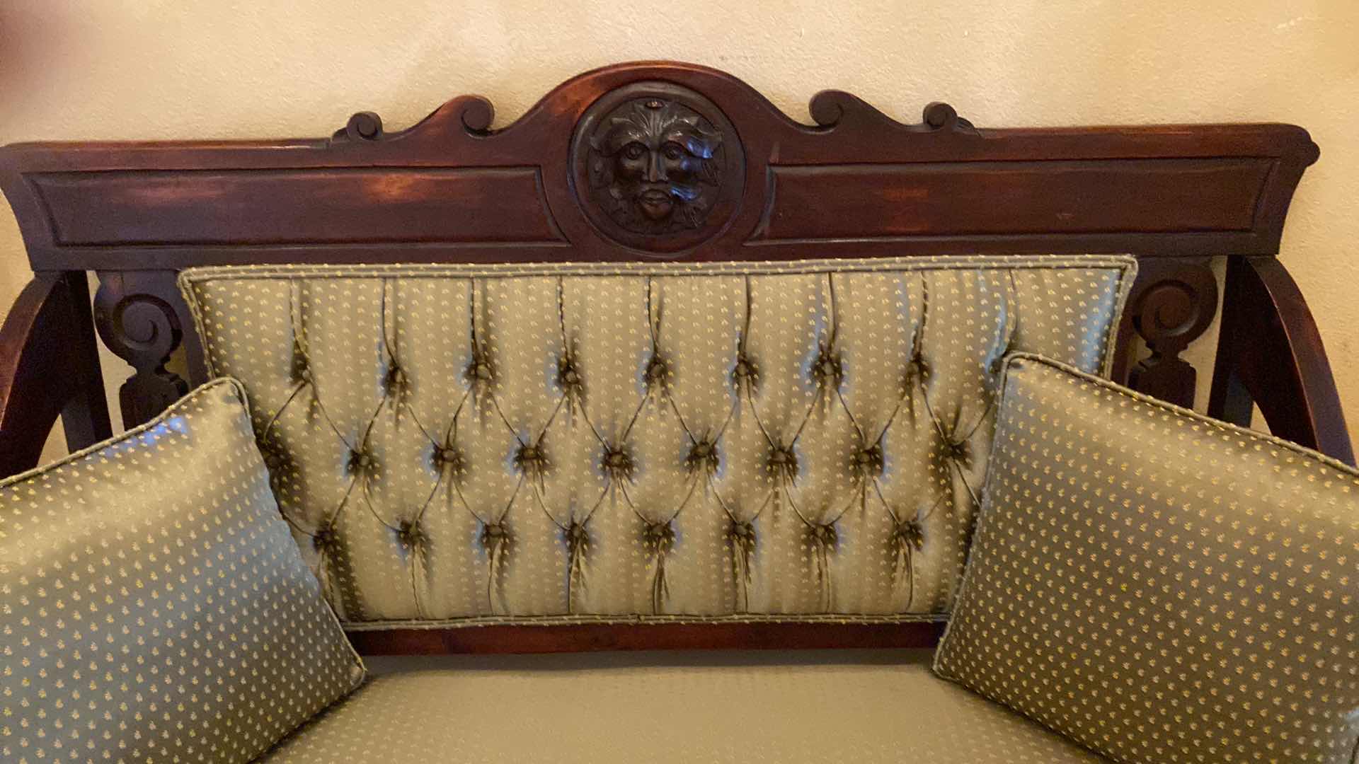 Photo 3 of ANTIQUE CARVED WOOD WITH TUFTED BACK GREEN AND GOLD UPHOLSTERY BENCH ON WHEELS 50” X 23” H40”