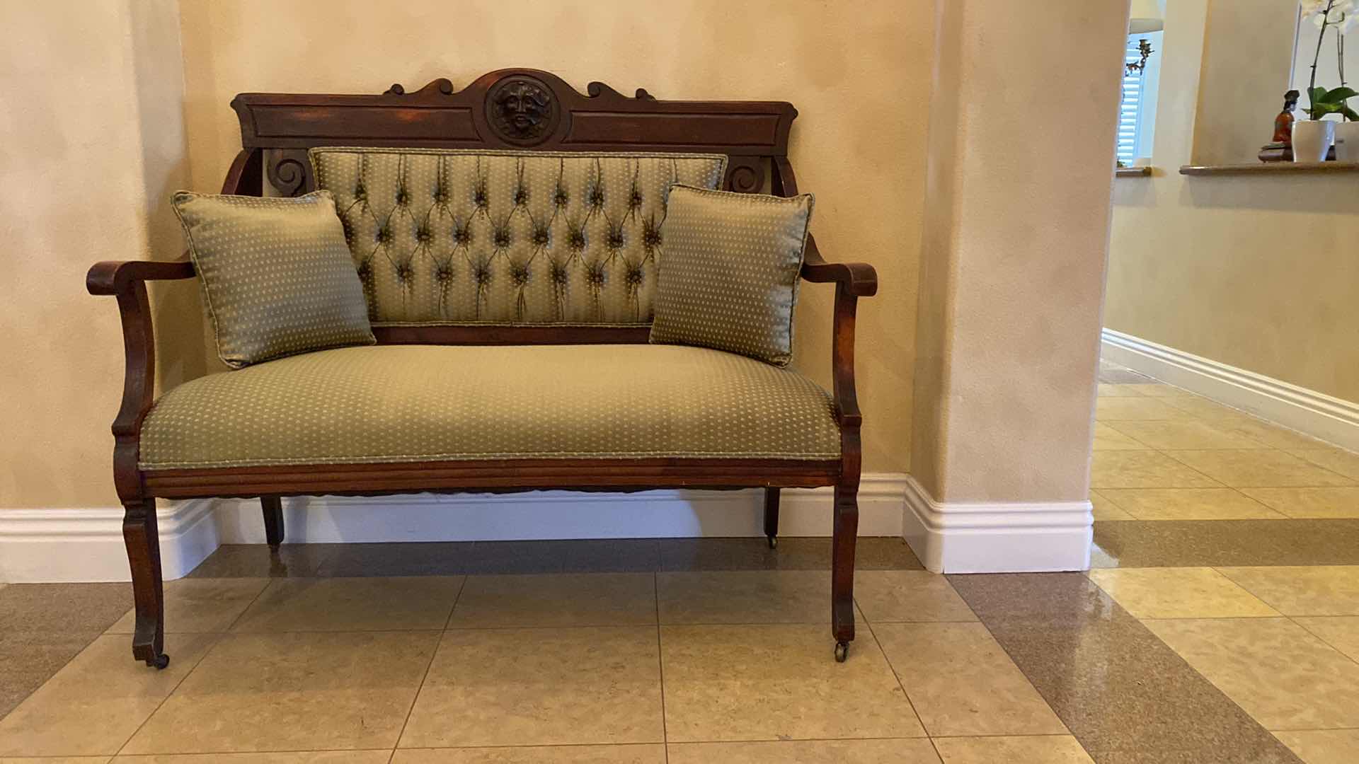 Photo 9 of ANTIQUE CARVED WOOD WITH TUFTED BACK GREEN AND GOLD UPHOLSTERY BENCH ON WHEELS 50” X 23” H40”