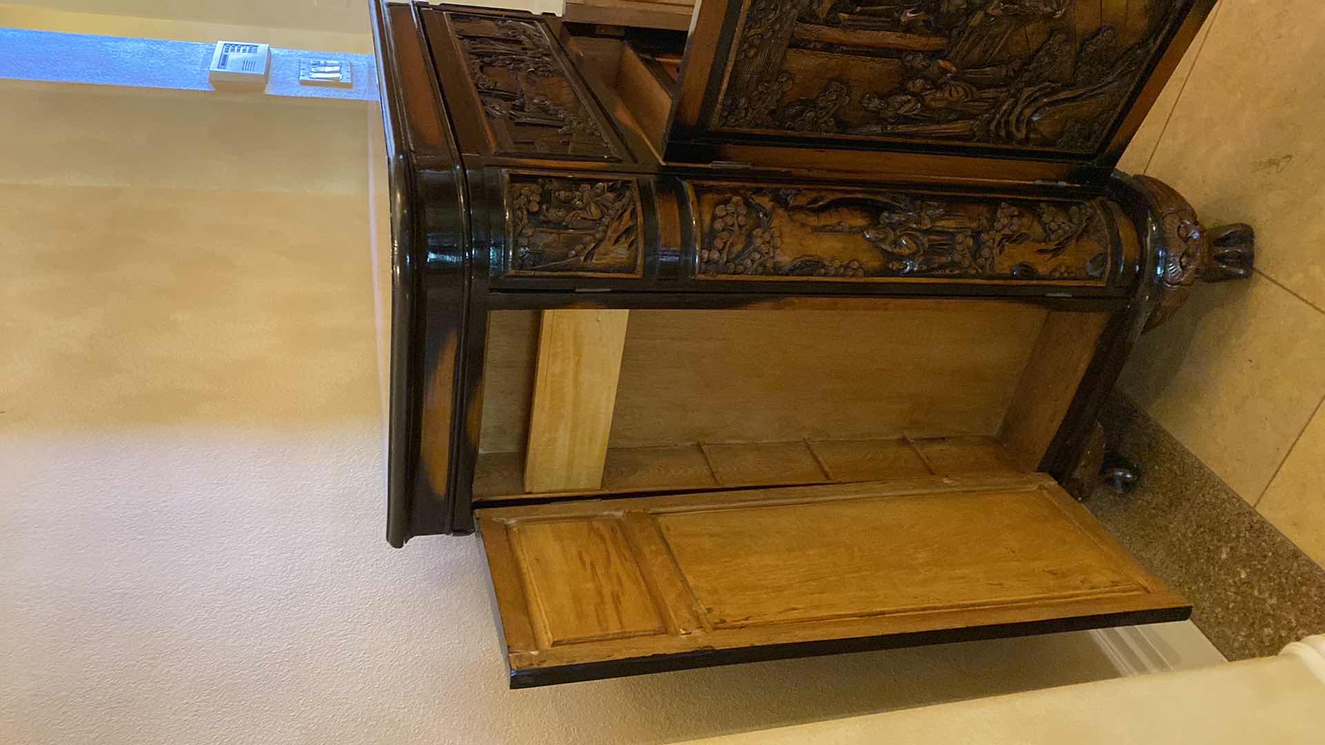 Photo 11 of ASIAN INSPIRED WOOD BAR CART WITH CARVINGS AND LACQUER FINISH OPEN MEASURES 47.5” X 26” H57”