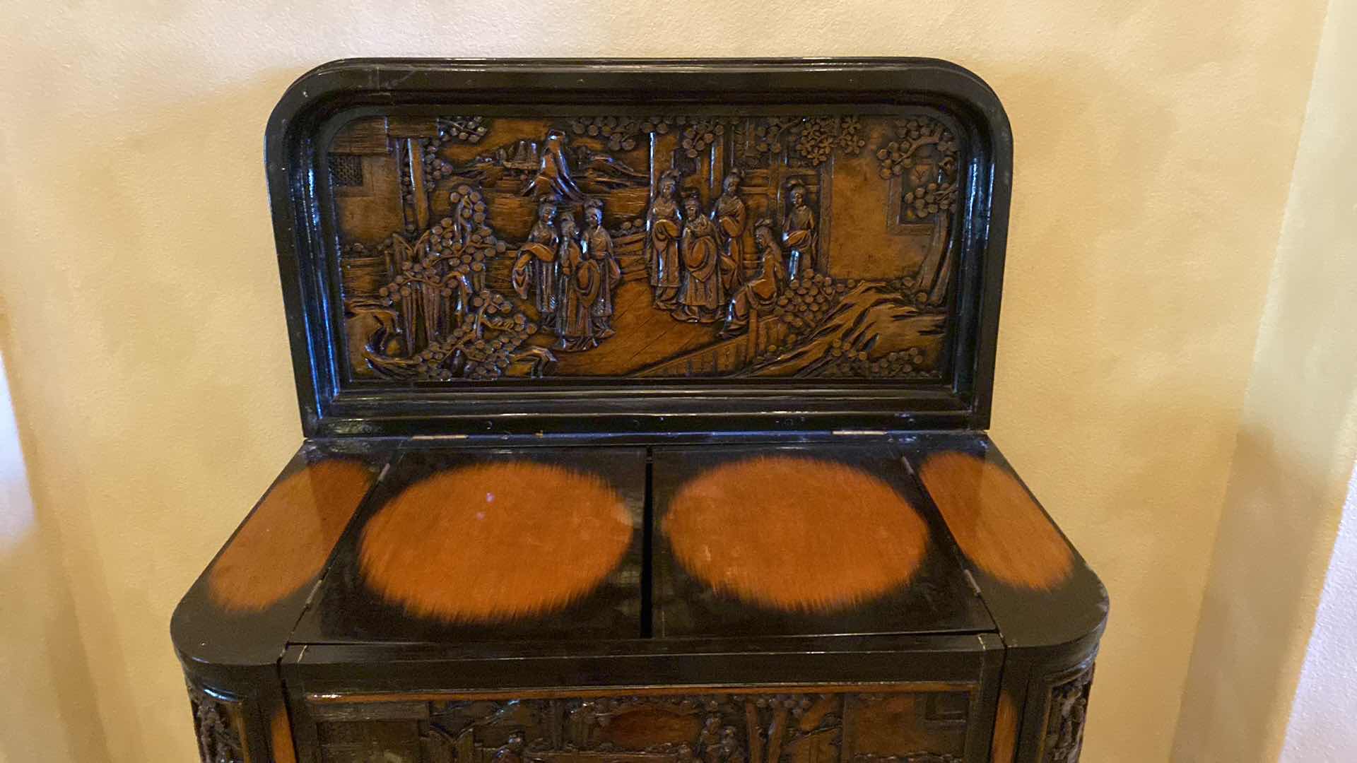 Photo 6 of ASIAN INSPIRED WOOD BAR CART WITH CARVINGS AND LACQUER FINISH OPEN MEASURES 47.5” X 26” H57”