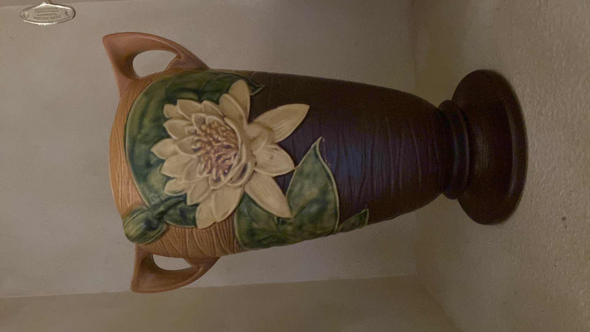 Photo 7 of VINTAGE ROSEVILLE POTTERY DOUBLE SIDED WATER LILY BROWN 83-15 VASE 16”