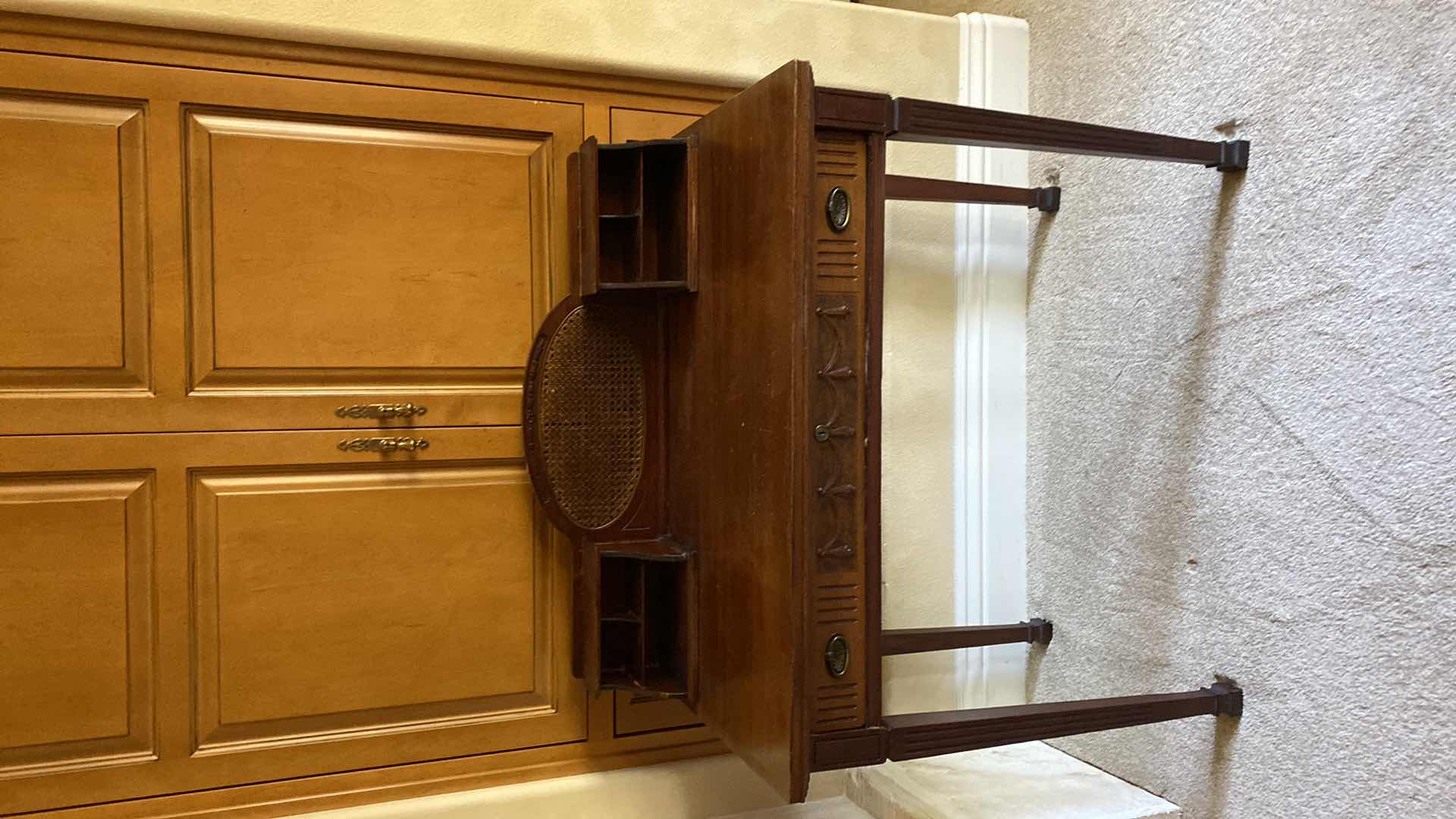 Photo 3 of ANTIQUE WOOD AND CANE RECEPTION DESK WITH CHAIR 36” X 22” H30”