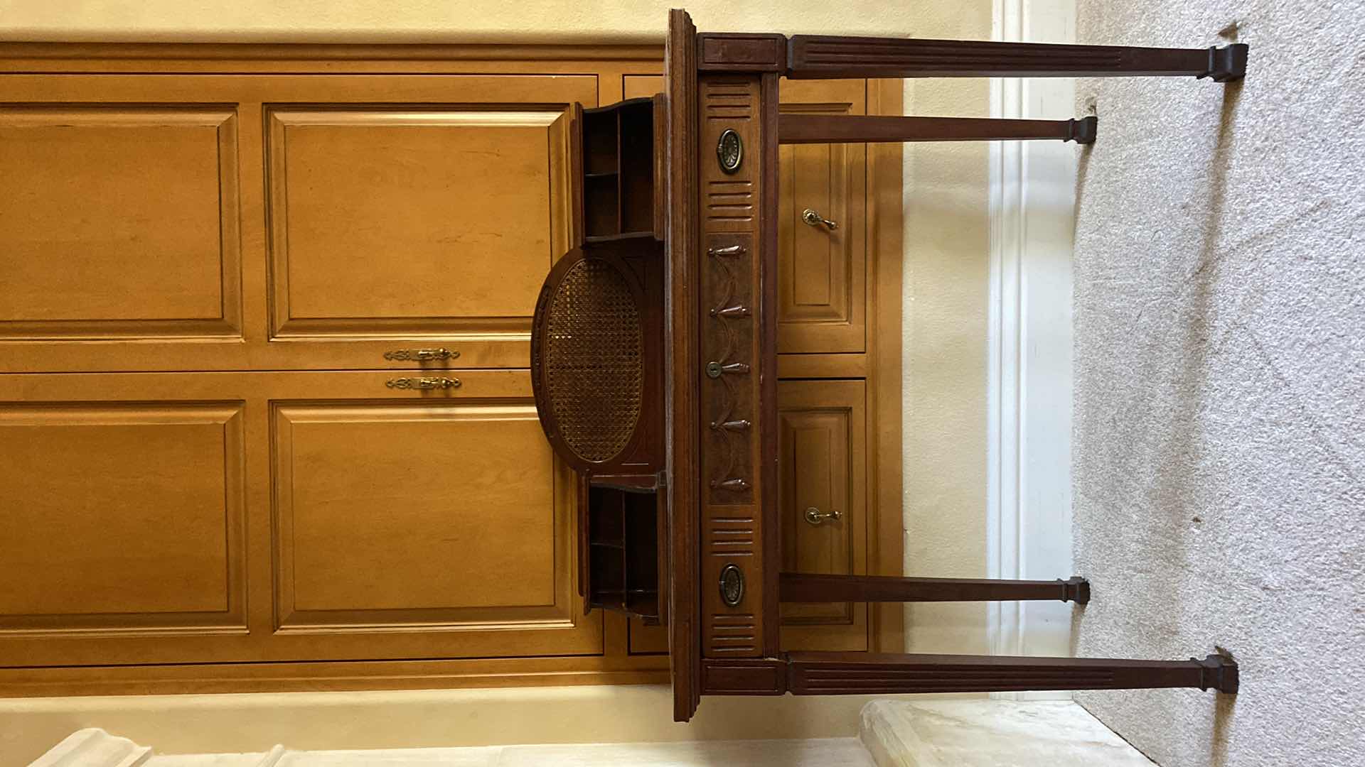 Photo 2 of ANTIQUE WOOD AND CANE RECEPTION DESK WITH CHAIR 36” X 22” H30”