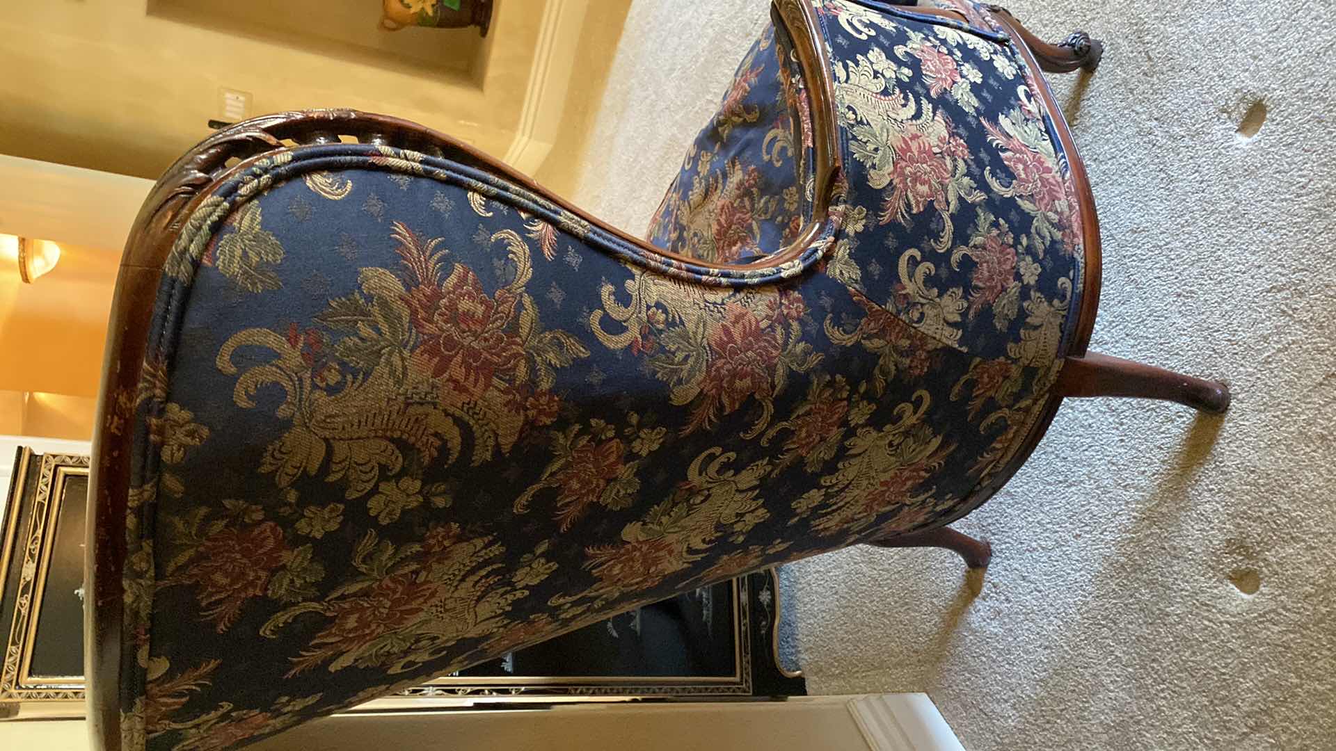 Photo 3 of BLUE FLORAL UPHOLSTERED DOWN CUSHIONED QUEEN ANNE WING CHAIR