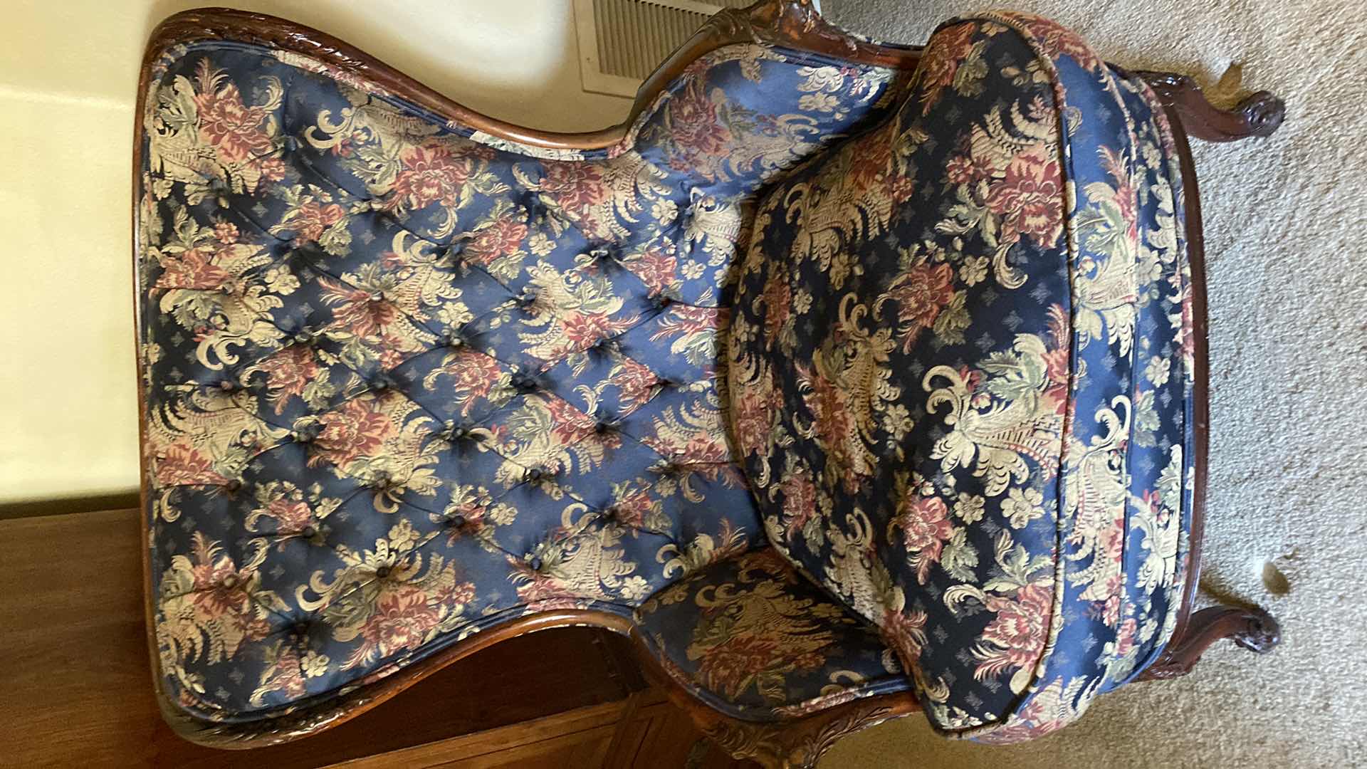 Photo 6 of BLUE FLORAL UPHOLSTERED DOWN CUSHIONED QUEEN ANNE WING CHAIR