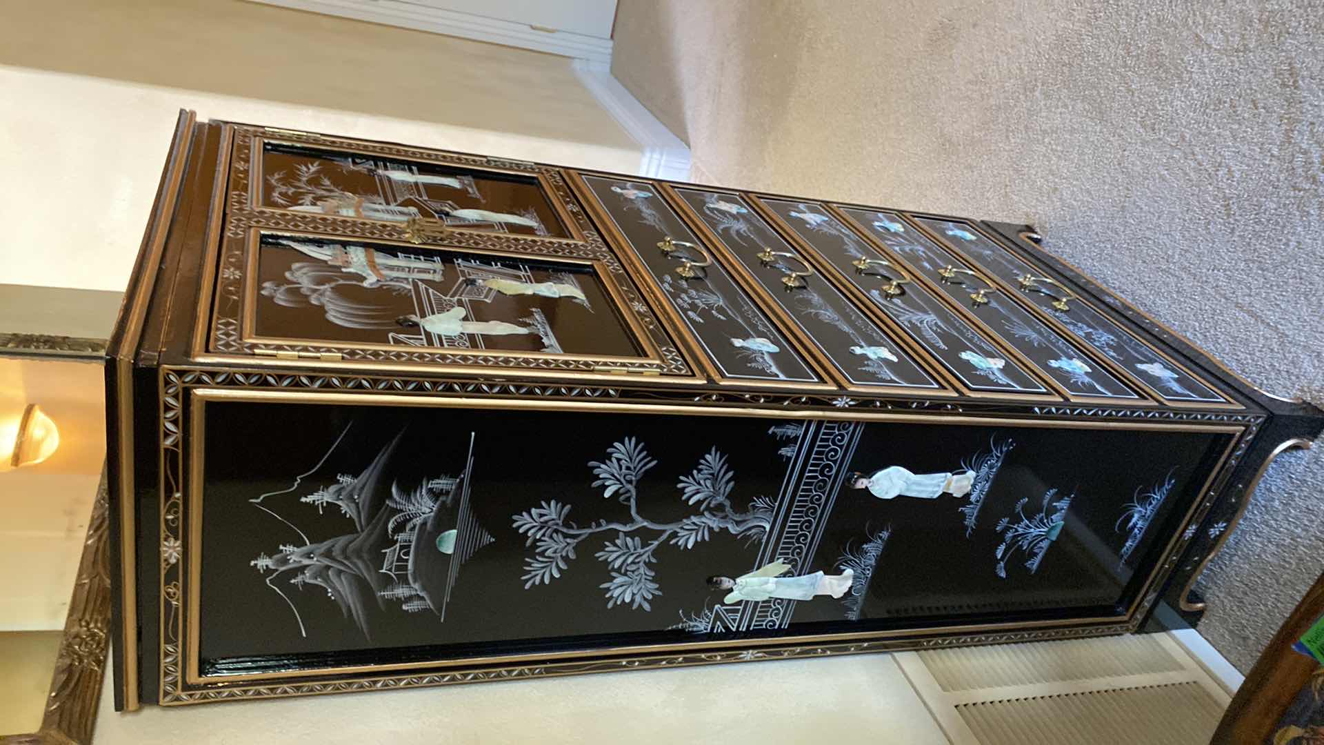 Photo 4 of BLACK LACQUER ORIENTAL LINGERIE CABINET HAND PAINTED CARVED MOTHER OF PEARL 24” X 14 H52” 