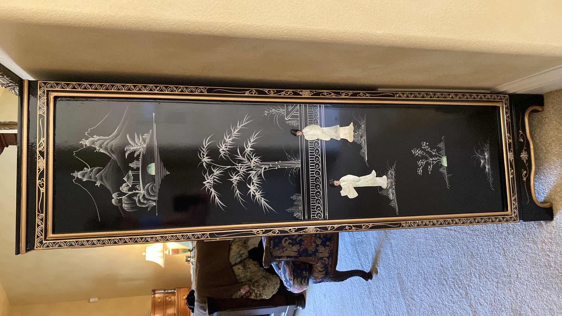 Photo 3 of BLACK LACQUER ORIENTAL LINGERIE CABINET HAND PAINTED CARVED MOTHER OF PEARL 24” X 14 H52” 
