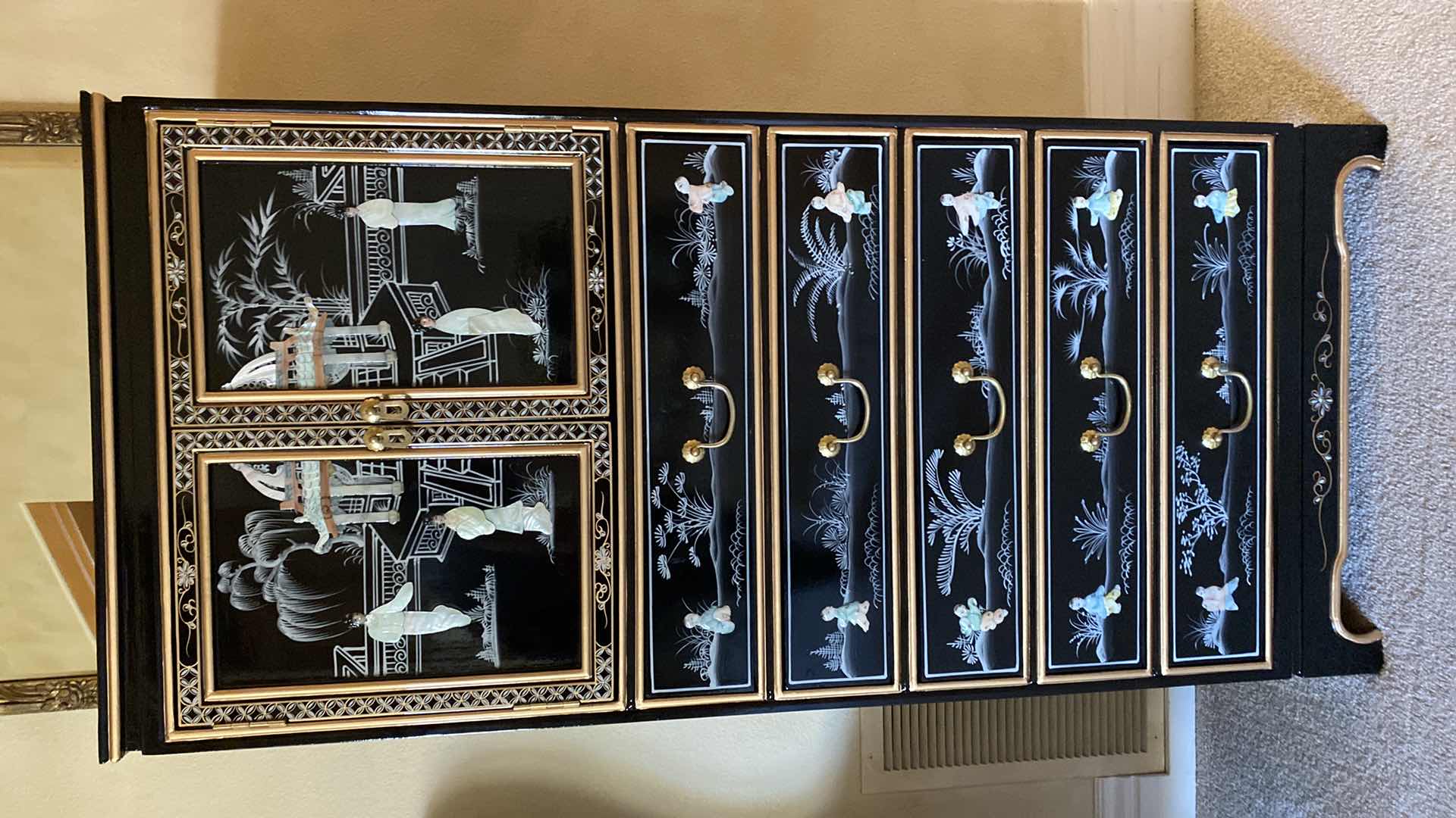 Photo 2 of BLACK LACQUER ORIENTAL LINGERIE CABINET HAND PAINTED CARVED MOTHER OF PEARL 24” X 14 H52” 