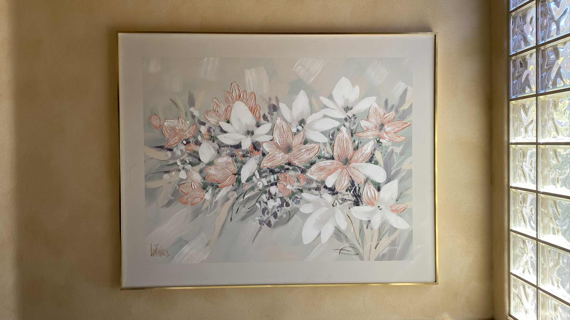 Photo 5 of GOLD FRAMED CANVAS PASTEL FLORAL WITH PALLET KNIFE DETAIL SIGNED 60” X 48”