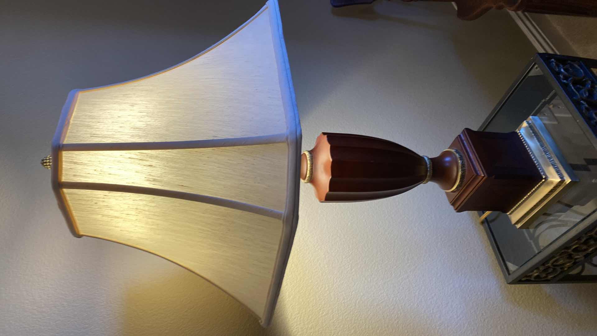 Photo 2 of WOOD LAMP WITH GOLD METAL BASE H32”