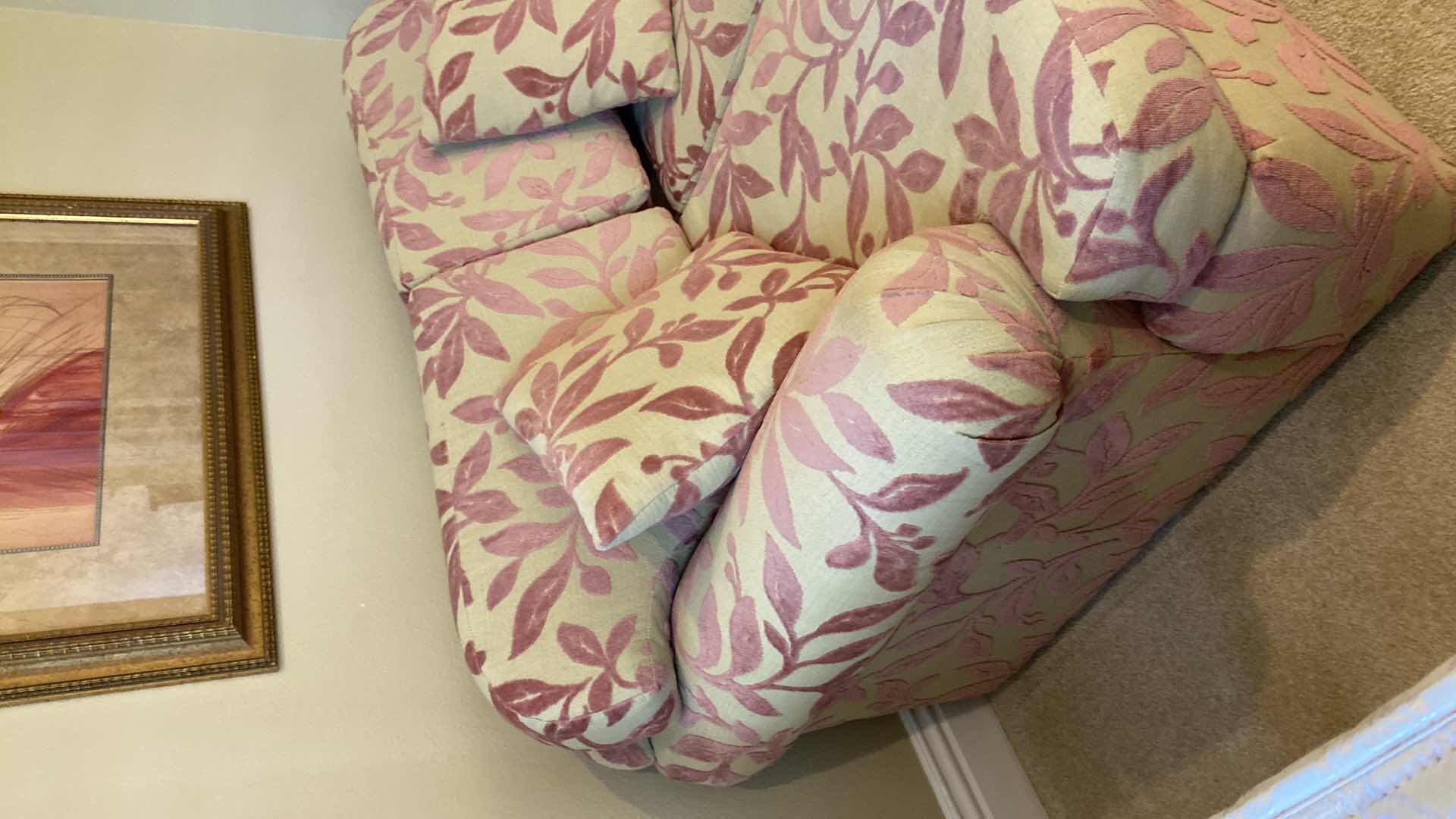 Photo 4 of 64” CREAM AND MAUVE LEAF UPHOLSTERED LOVE SEAT